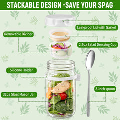 32 ounce glass salad jar with dressing cup and spoon