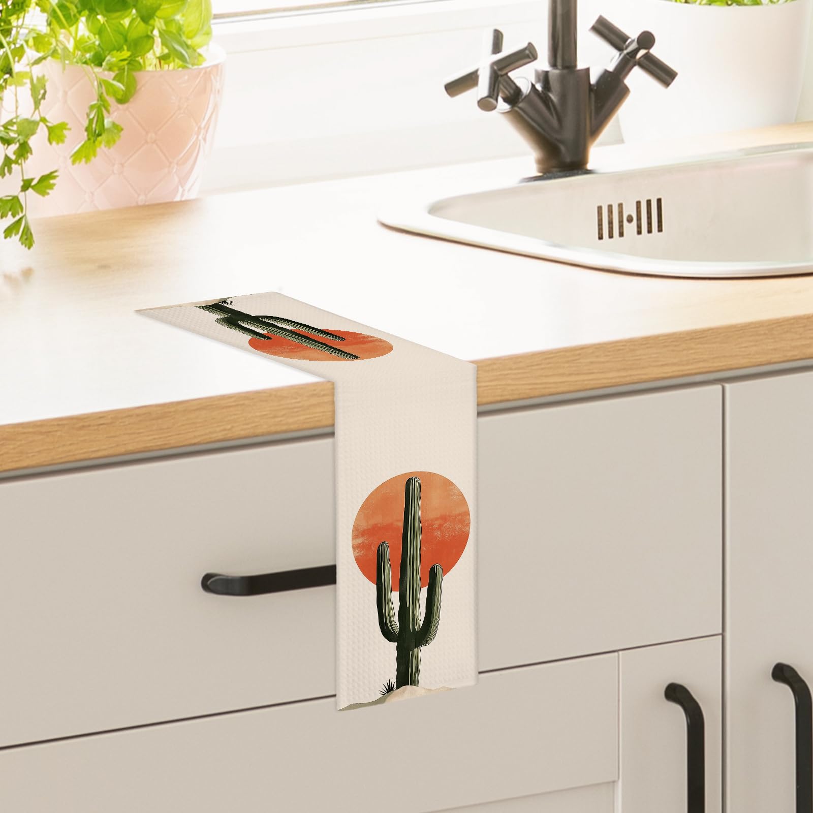 Waffle fabric kitchen towel with durable stitching