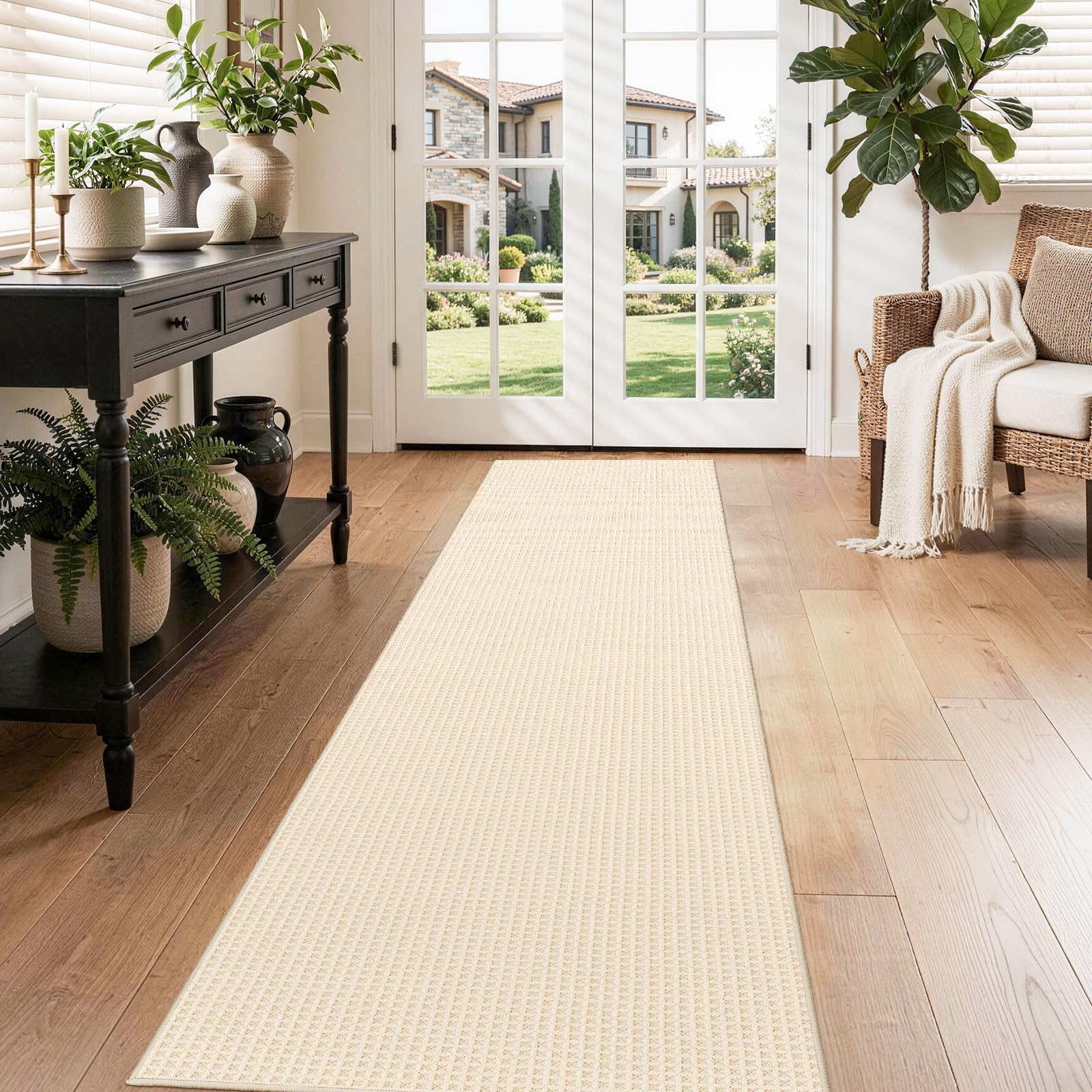 Waffle 2x8ft Runner Rug for Hallway Beige image 1