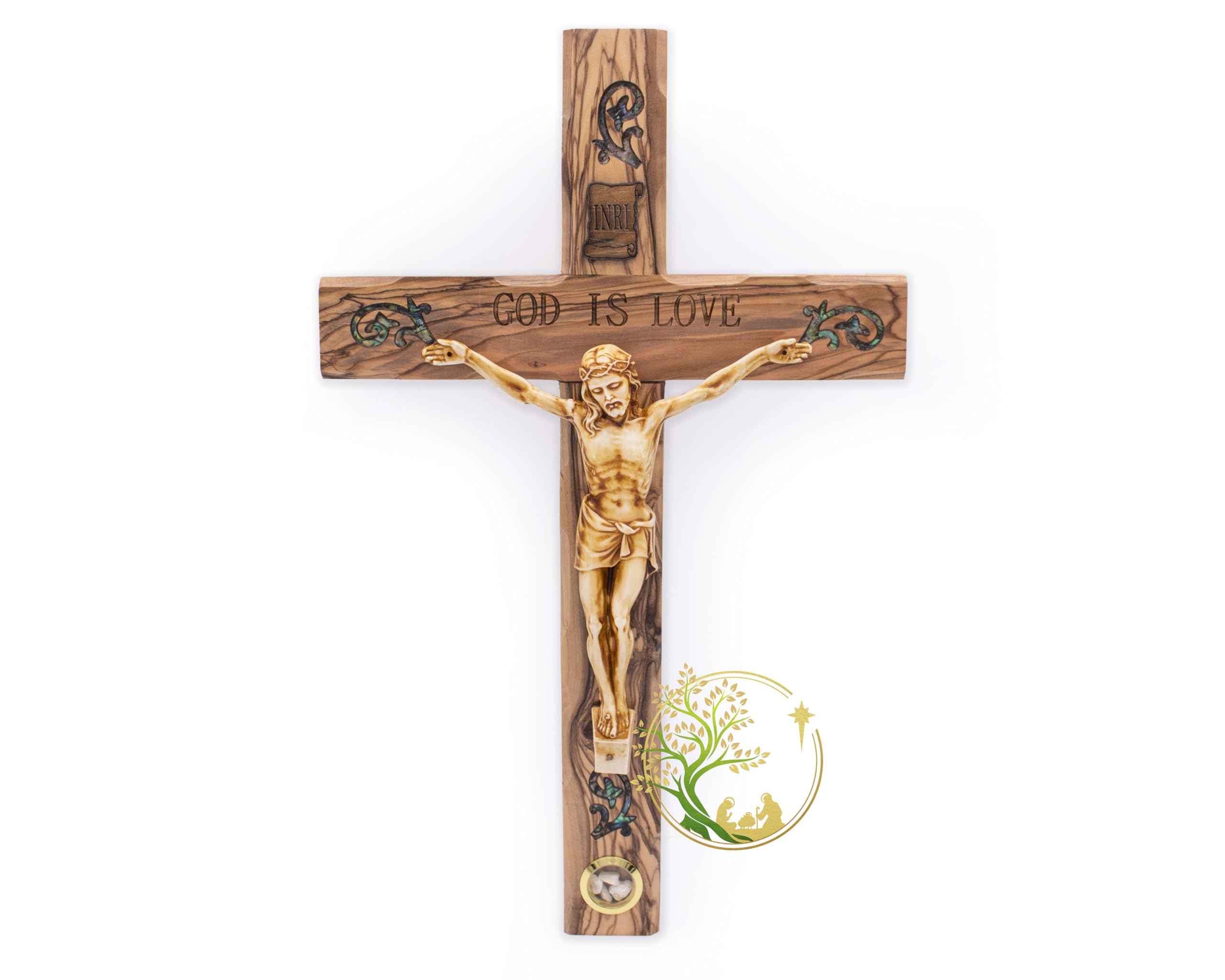 Wall Cross with Mother of Pearl on olive wood from the Holy Land
