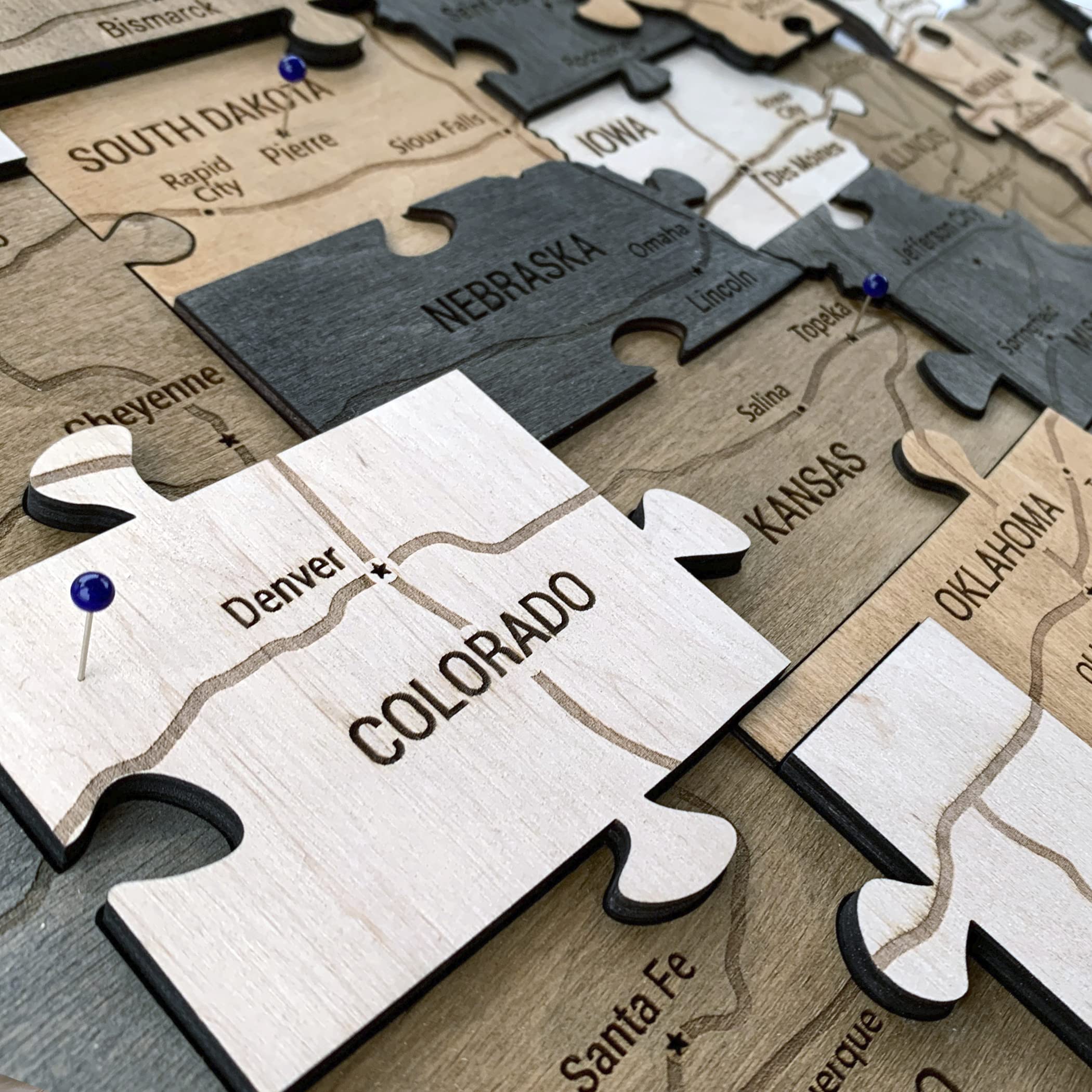 Wooden map decor wall display with roads and cities