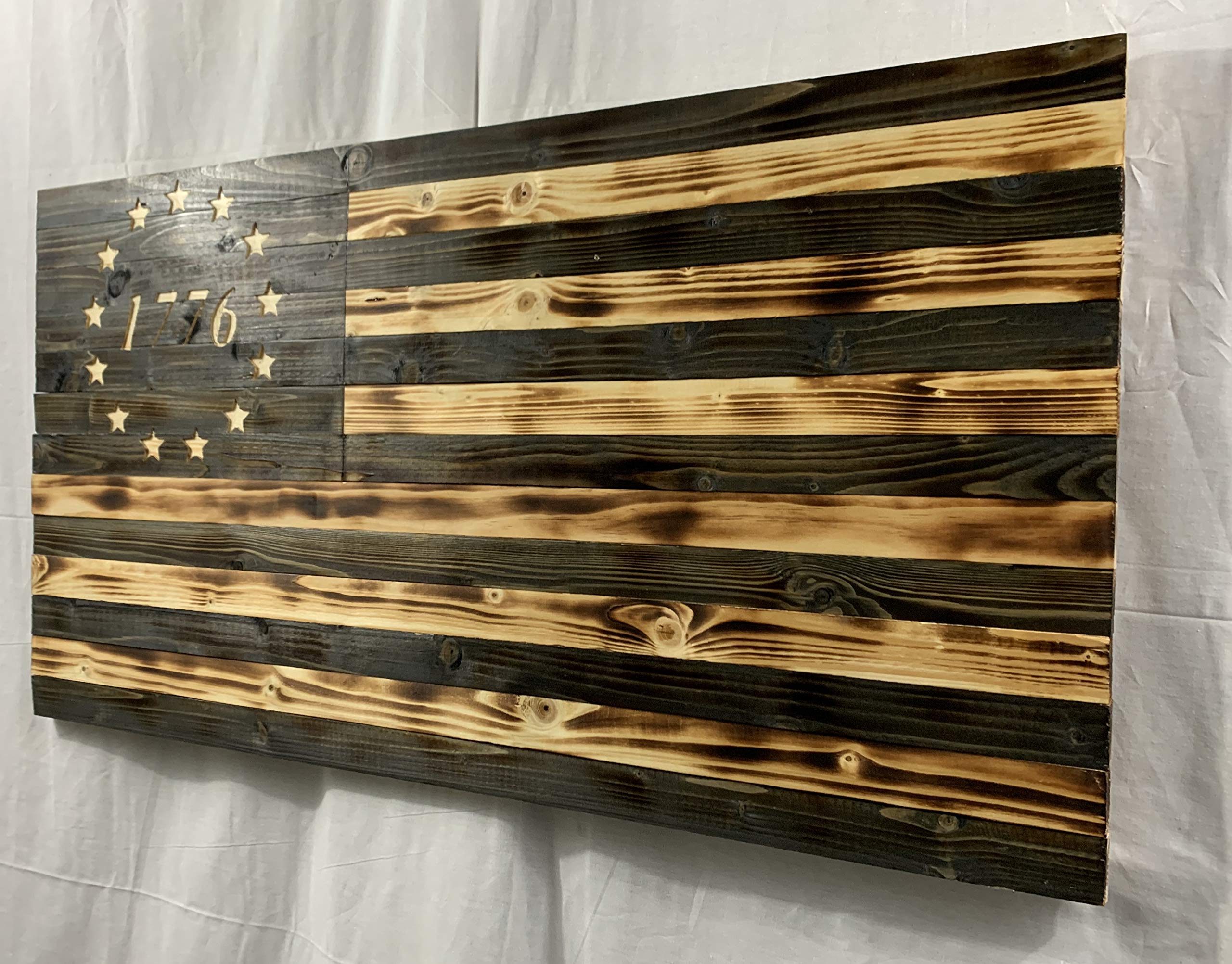 Interior exterior Betsy Ross flag rustic stained wood