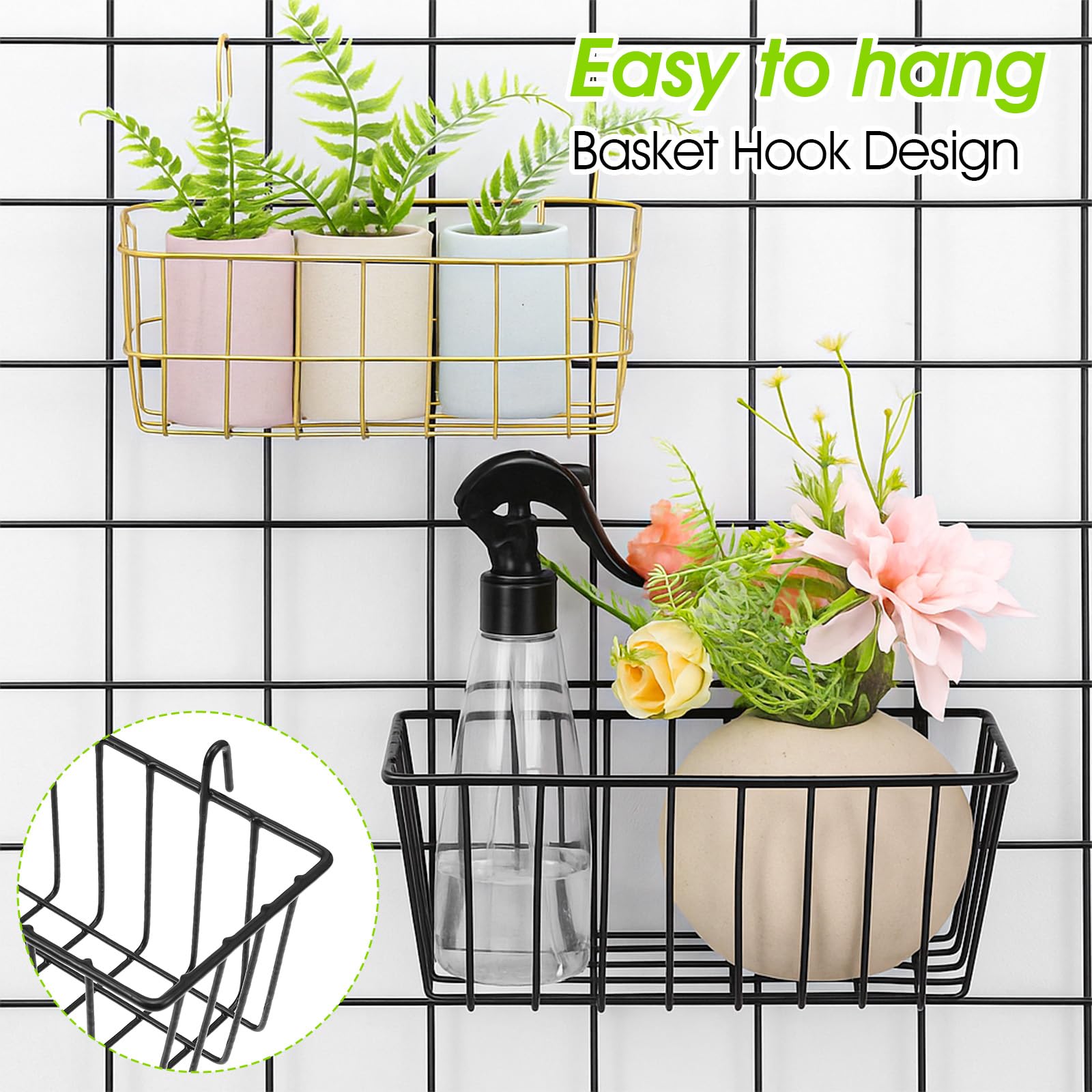 Hanging wire baskets mounted on grid panel in kitchen
