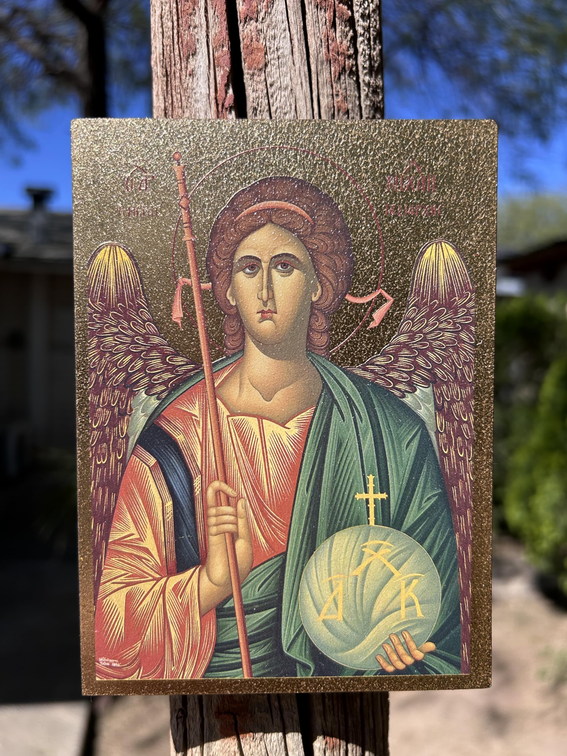 Wood mounted Archangel Michael icon ready to display