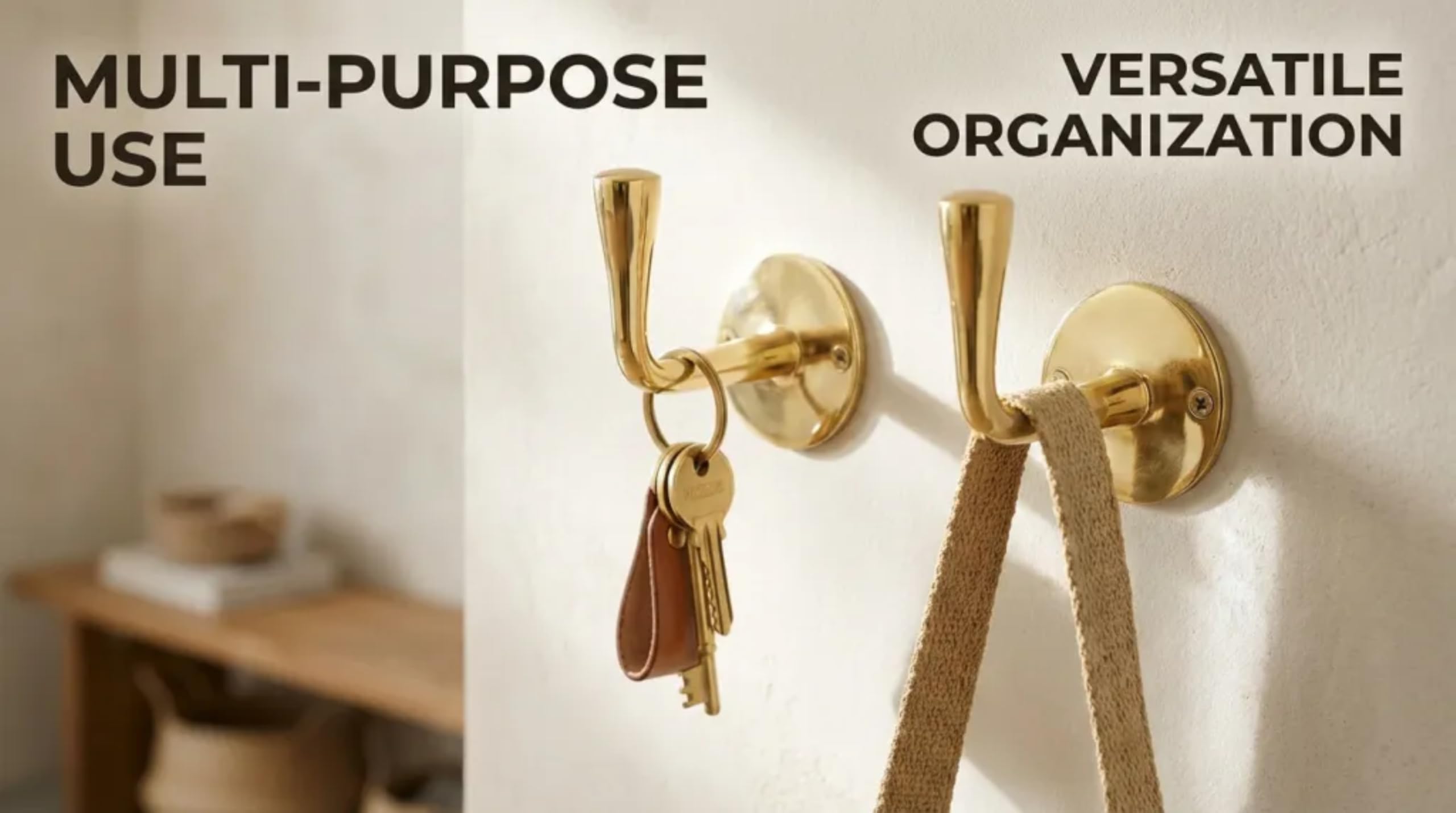 Decorative brass wall hooks for towels and coats in entryway