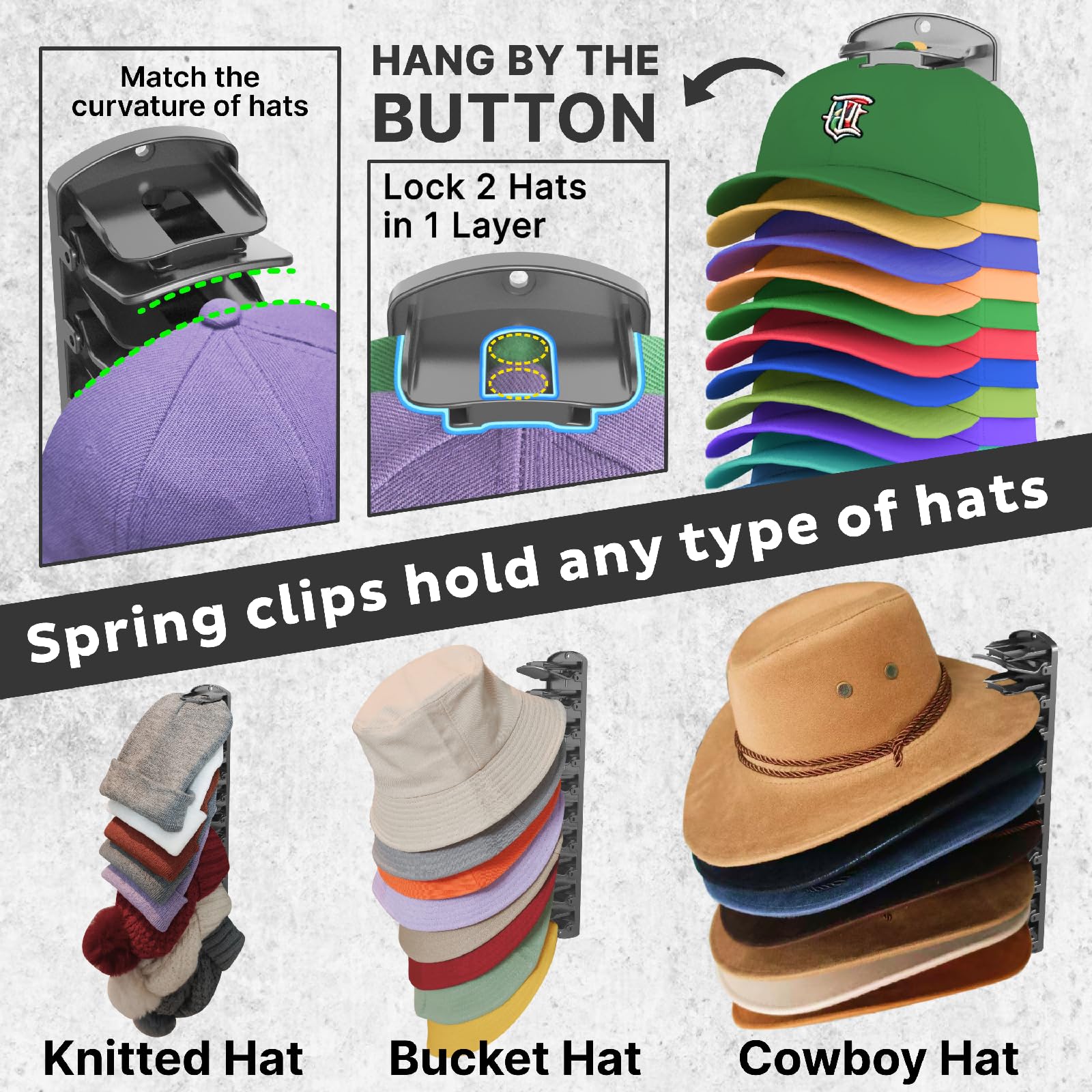 hat rack with spring clips for secure caps