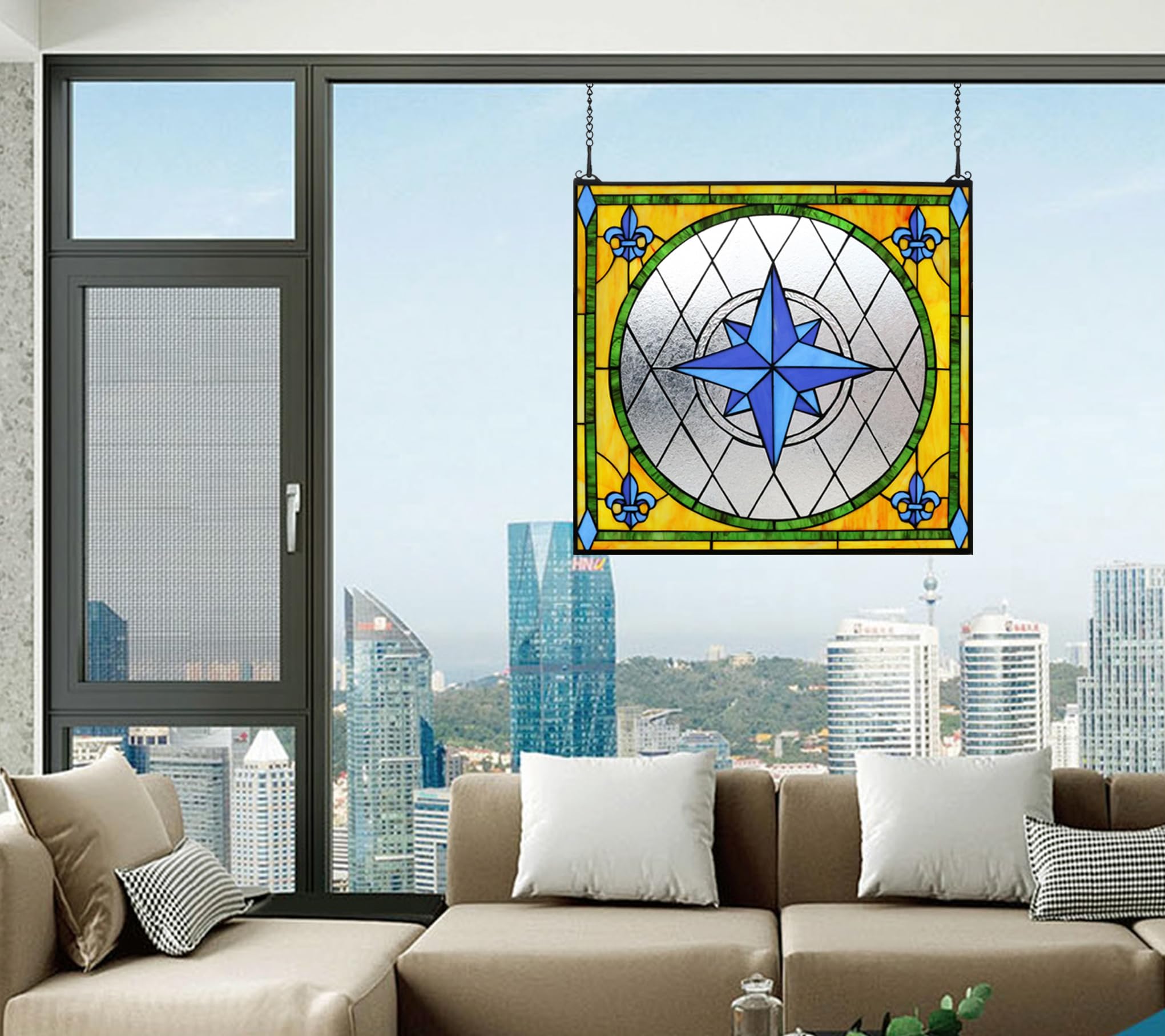 Kaleidoscopic light passes through blue flower stained glass