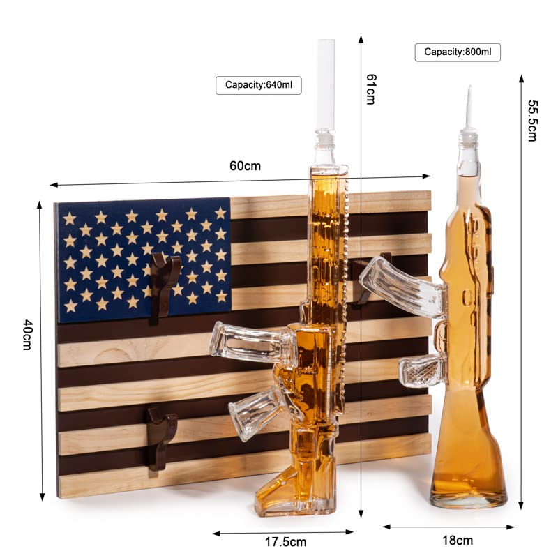 Wall display of AR15 and AK47 whiskey decanters with flag rack