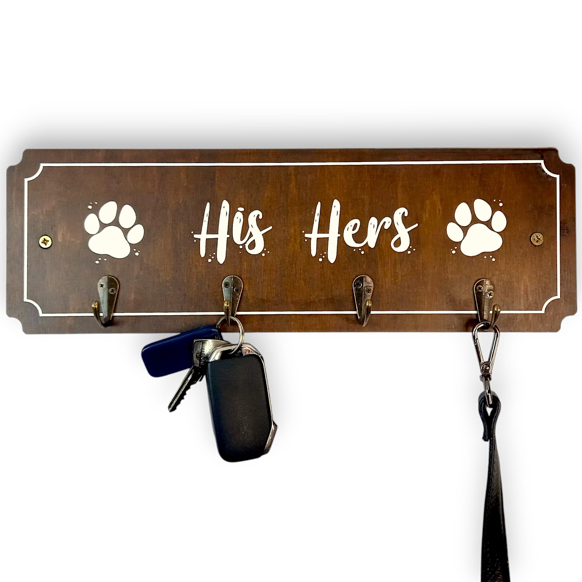 Wall mounted His Hers and Paws Leash and Key Holder with four hooks