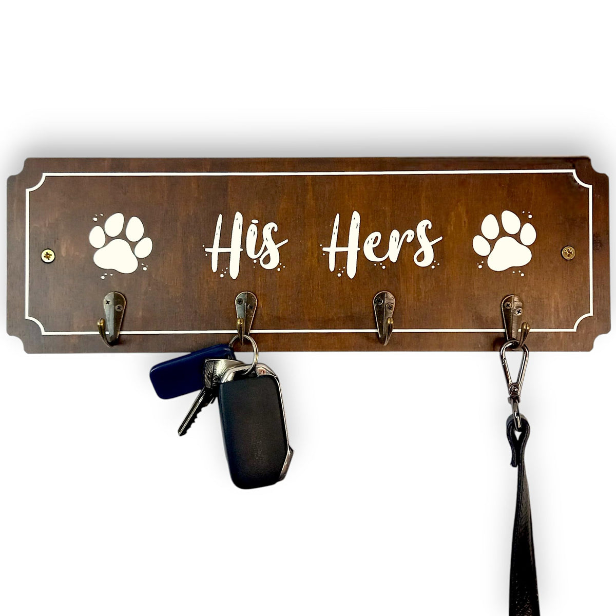 Wall mounted His Hers and Paws Leash and Key Holder with four hooks