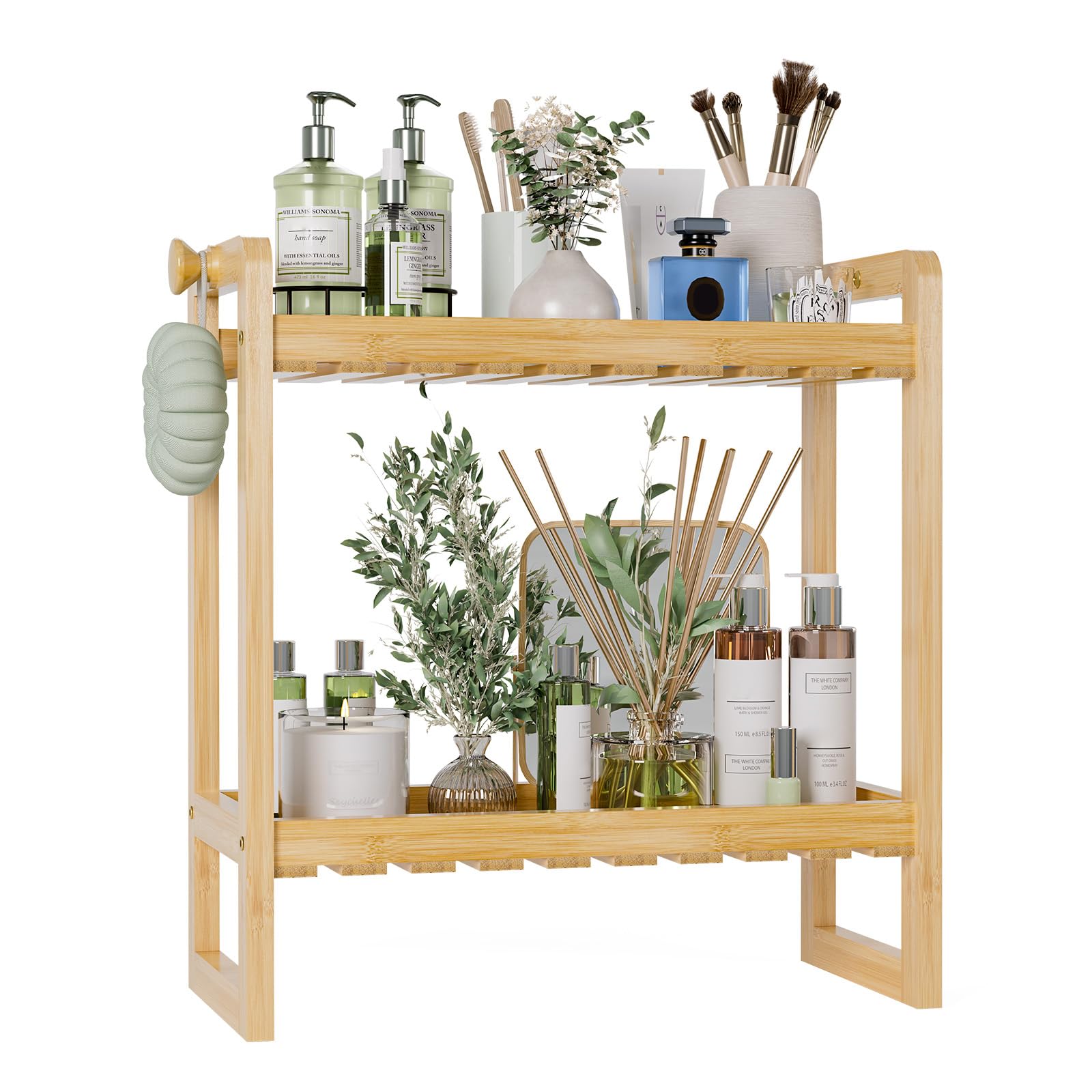 Small bathroom space saver bamboo shelf in use