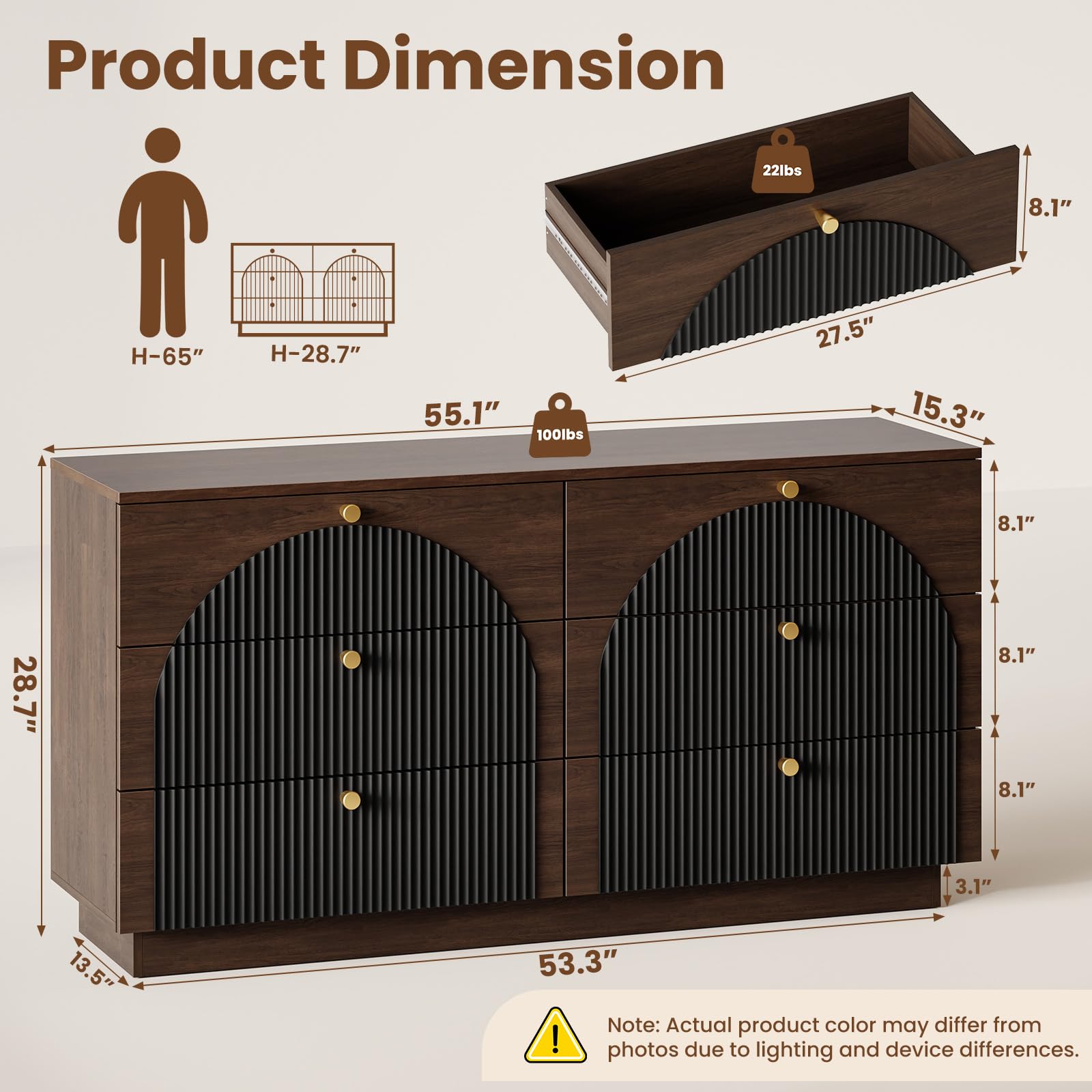 Six-drawer wooden dresser with round gold handles