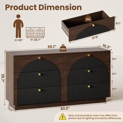 Six-drawer wooden dresser with round gold handles