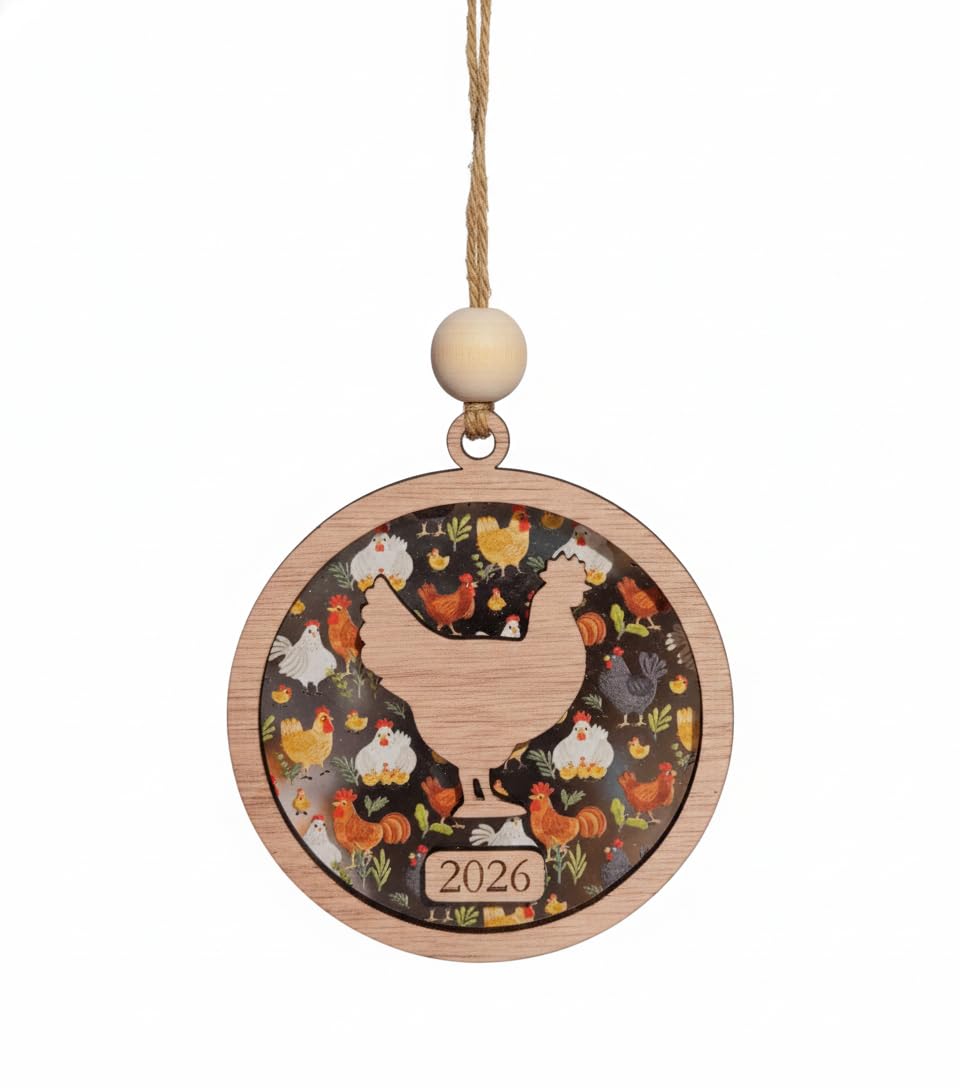 Clear acrylic chicken pattern ornament with hanging wood bead and jute cord
