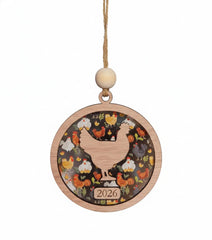 Clear acrylic chicken pattern ornament with hanging wood bead and jute cord