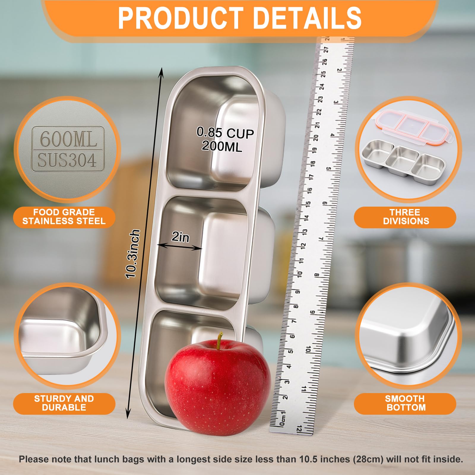 Three compartment bento style stainless steel lunch box