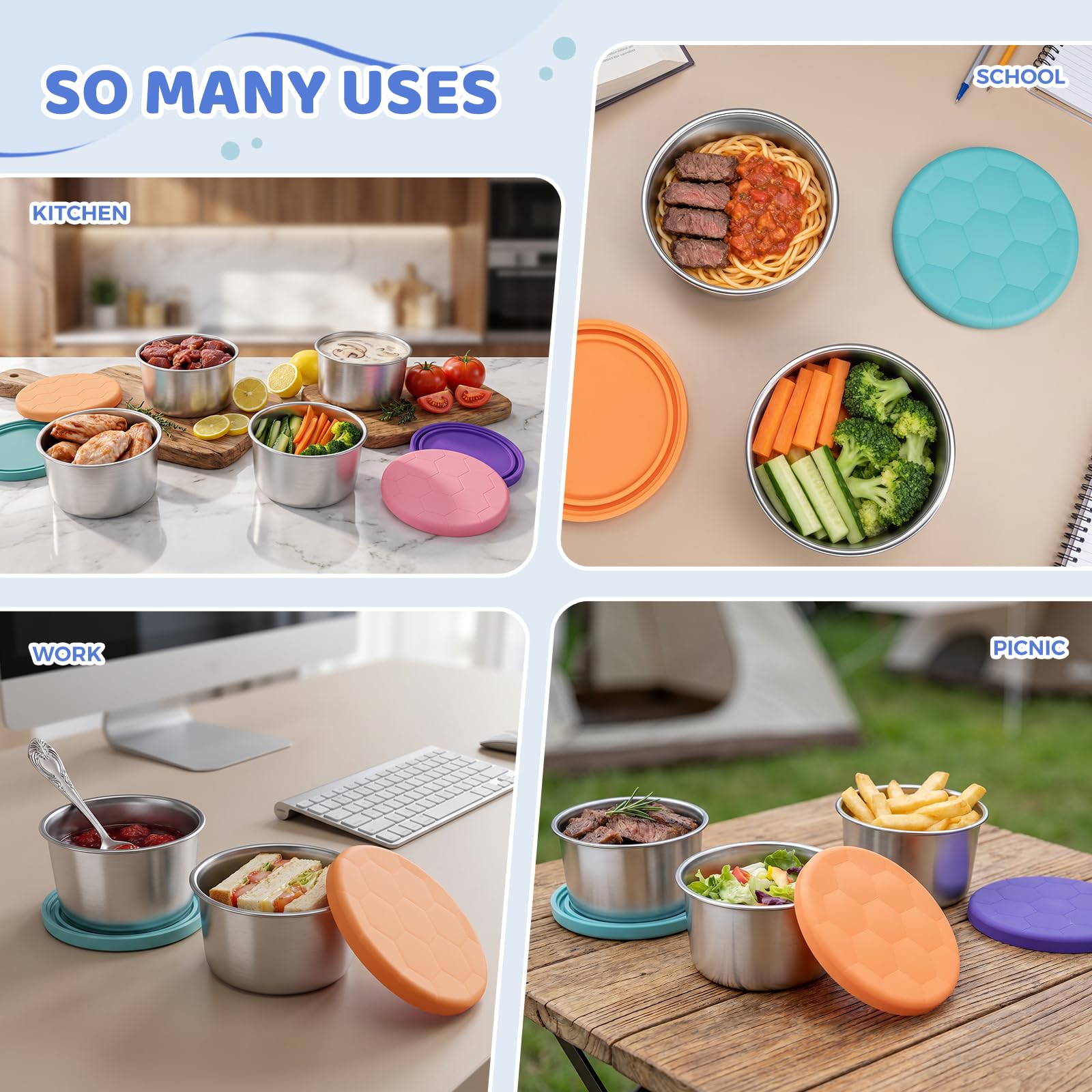 Six-pack WANHMIF eco-friendly stainless steel snack containers