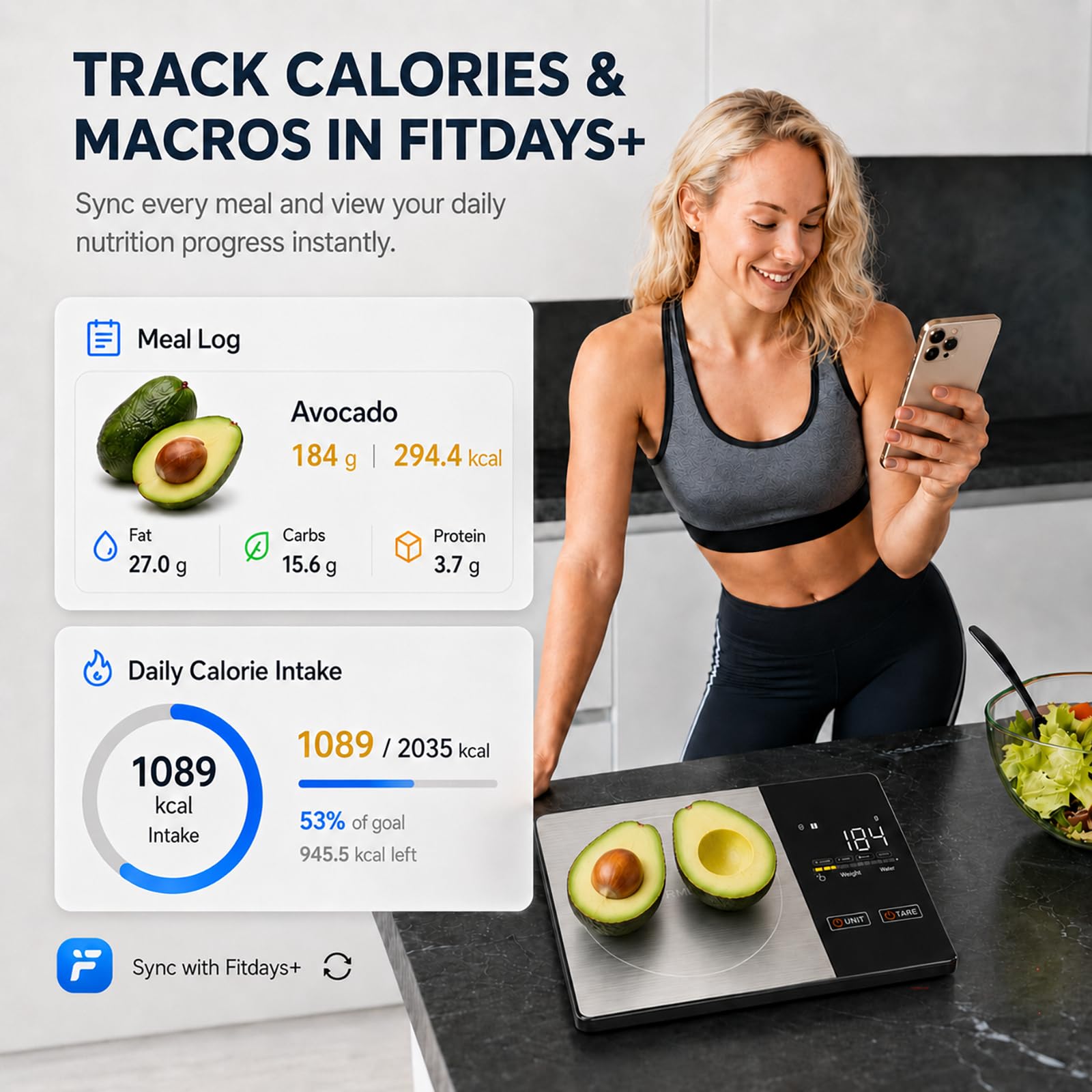 App connected nutrition scale for calories macros