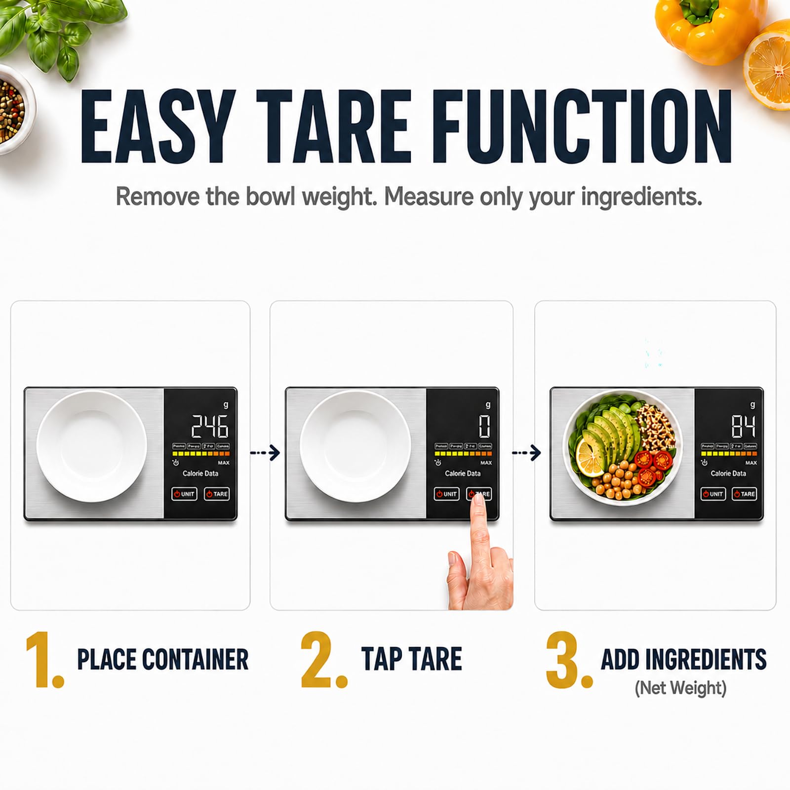 Compact kitchen scale with tare function