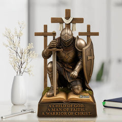 Kneeling knight in armor displayed on acrylic plaque
