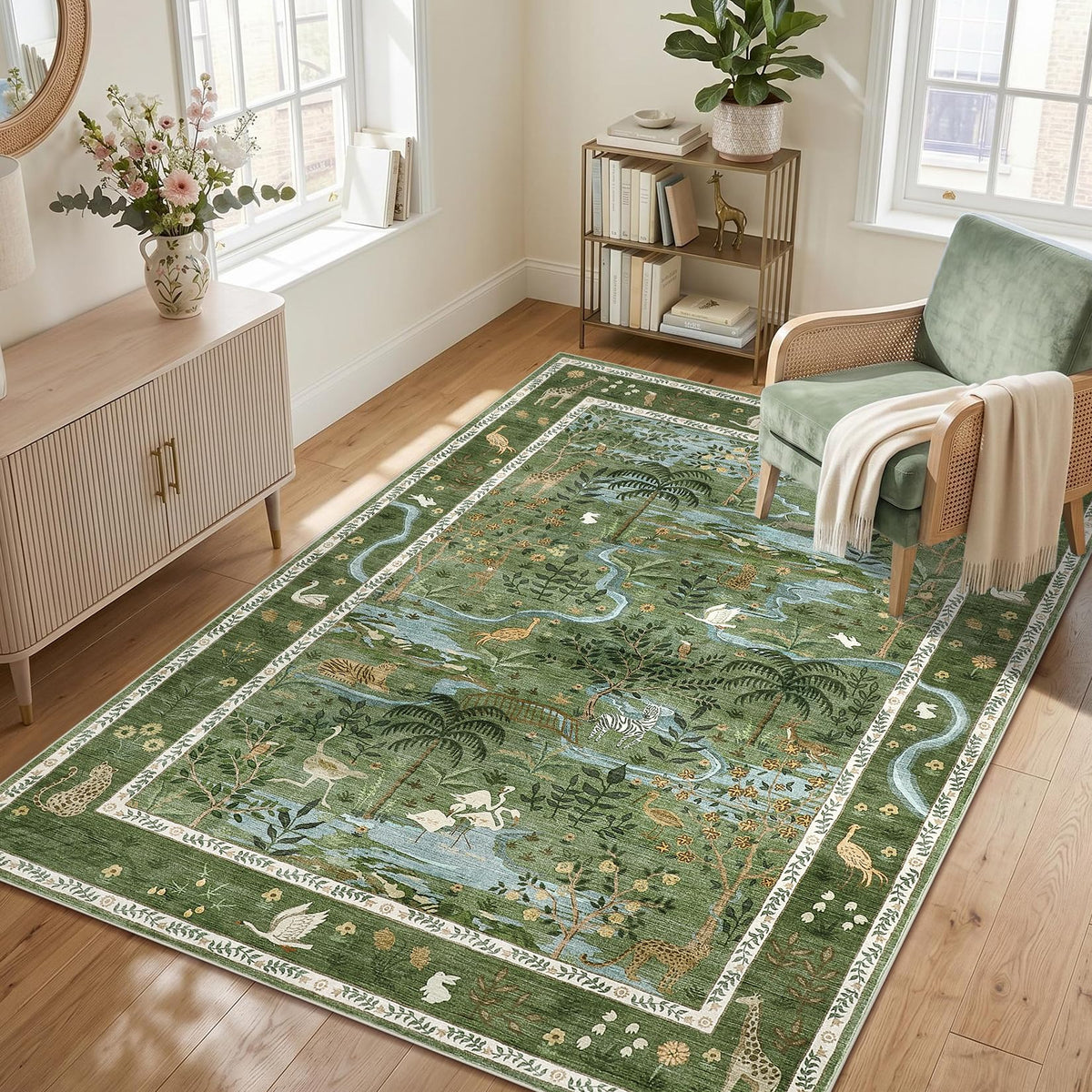 Washable area rug 5x7 green animal print for nursery