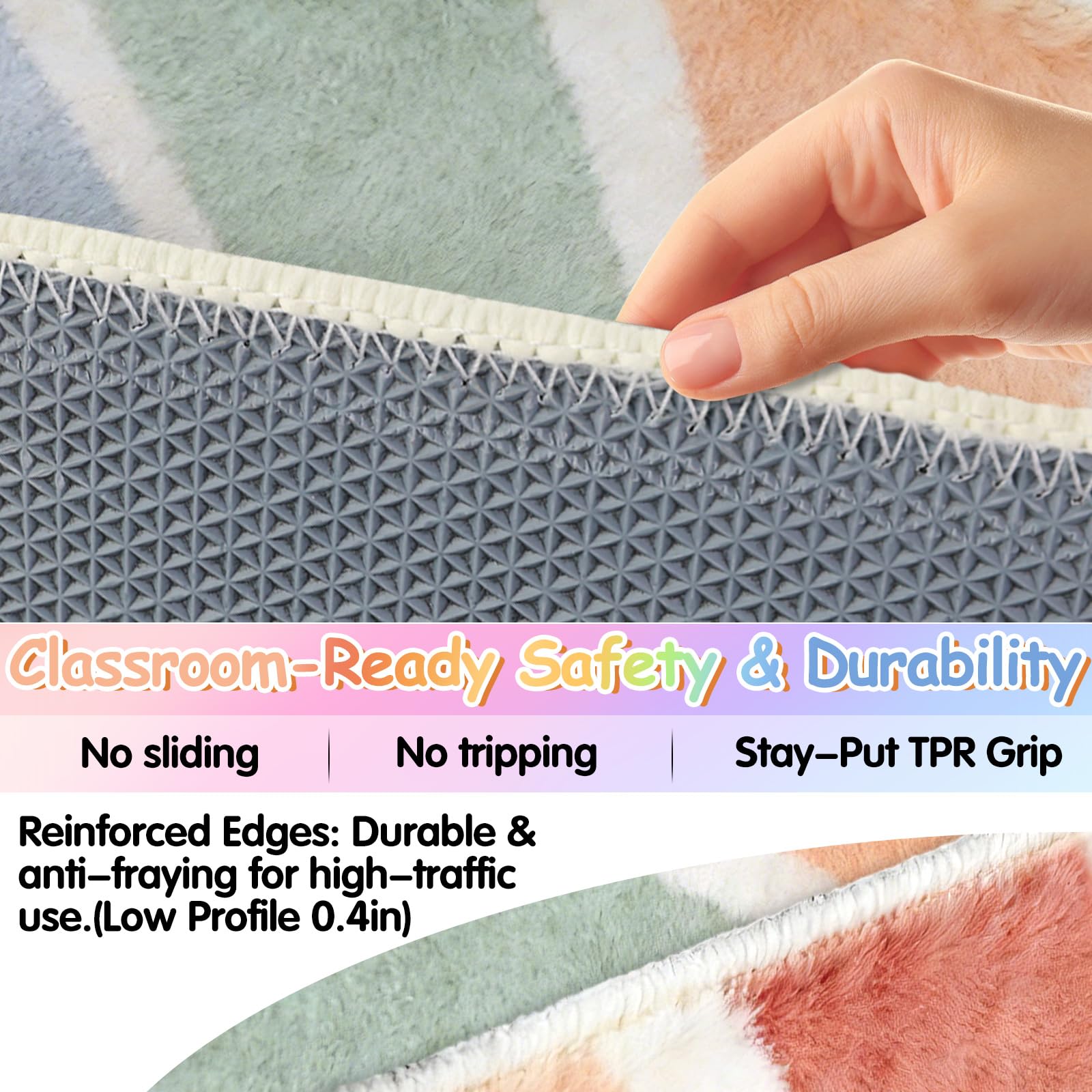 Machine washable Rainbow Classroom Rug for easy care