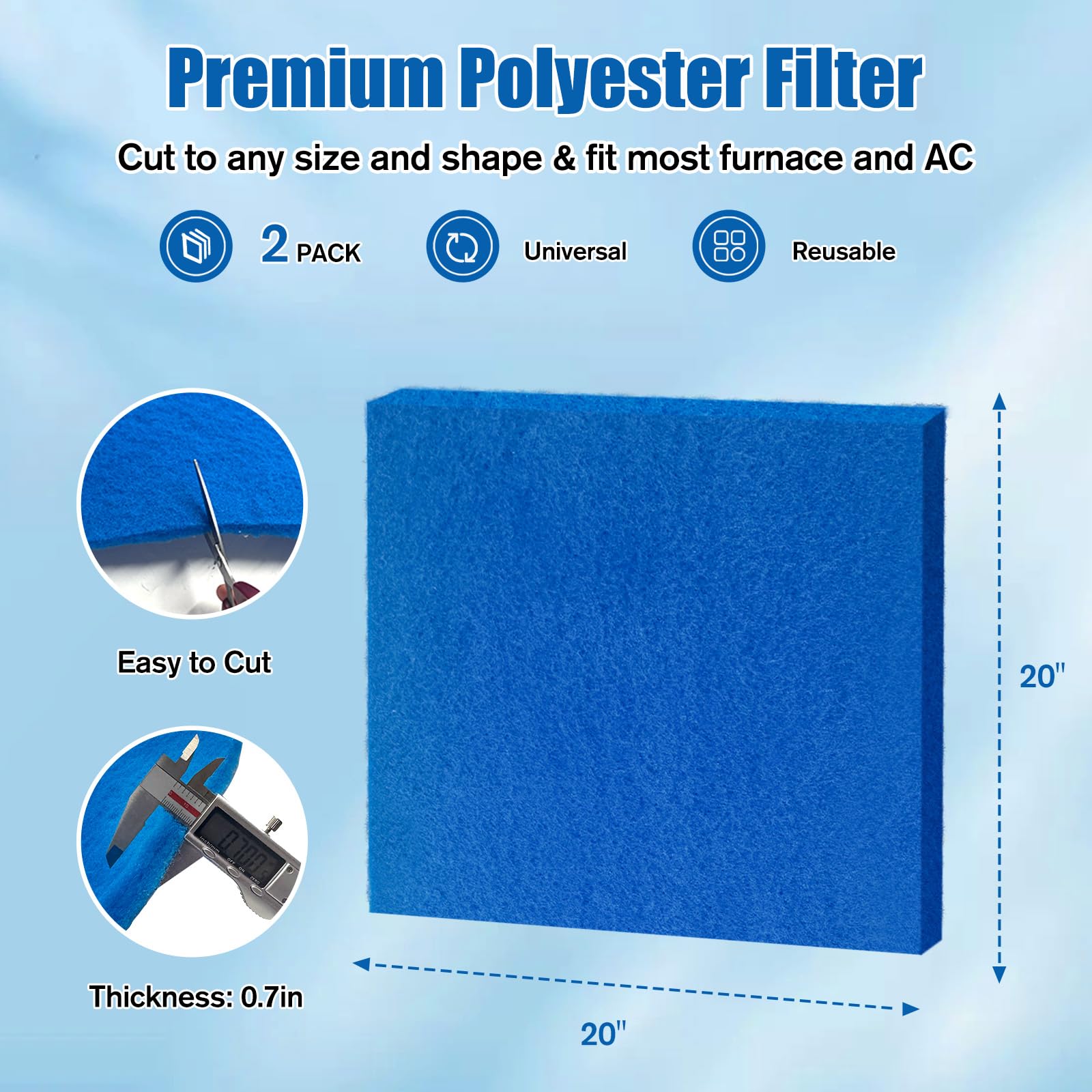 Washable polyester fiber filter media 20x20x1