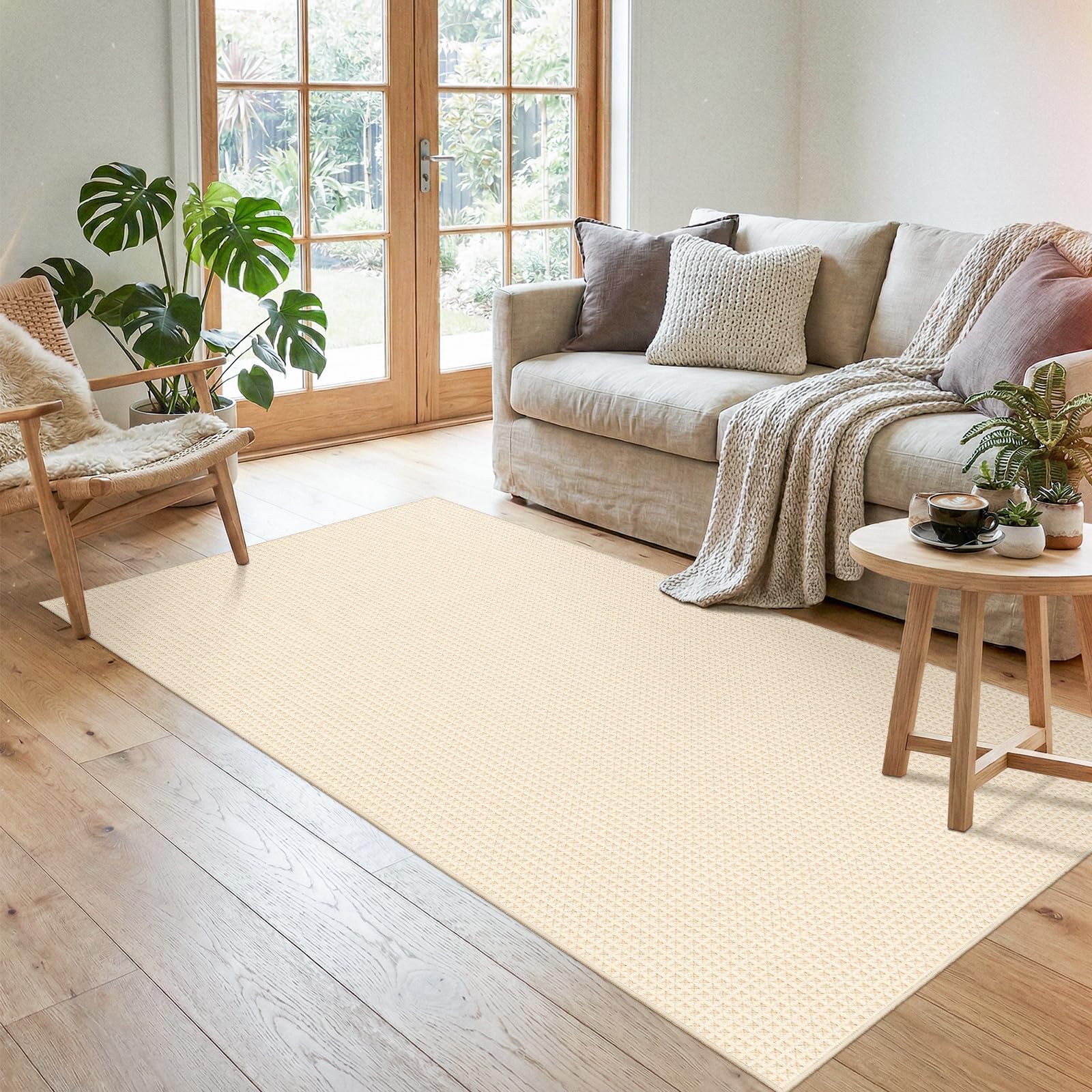 Durable waffle weave rug in beige for high-traffic areas
