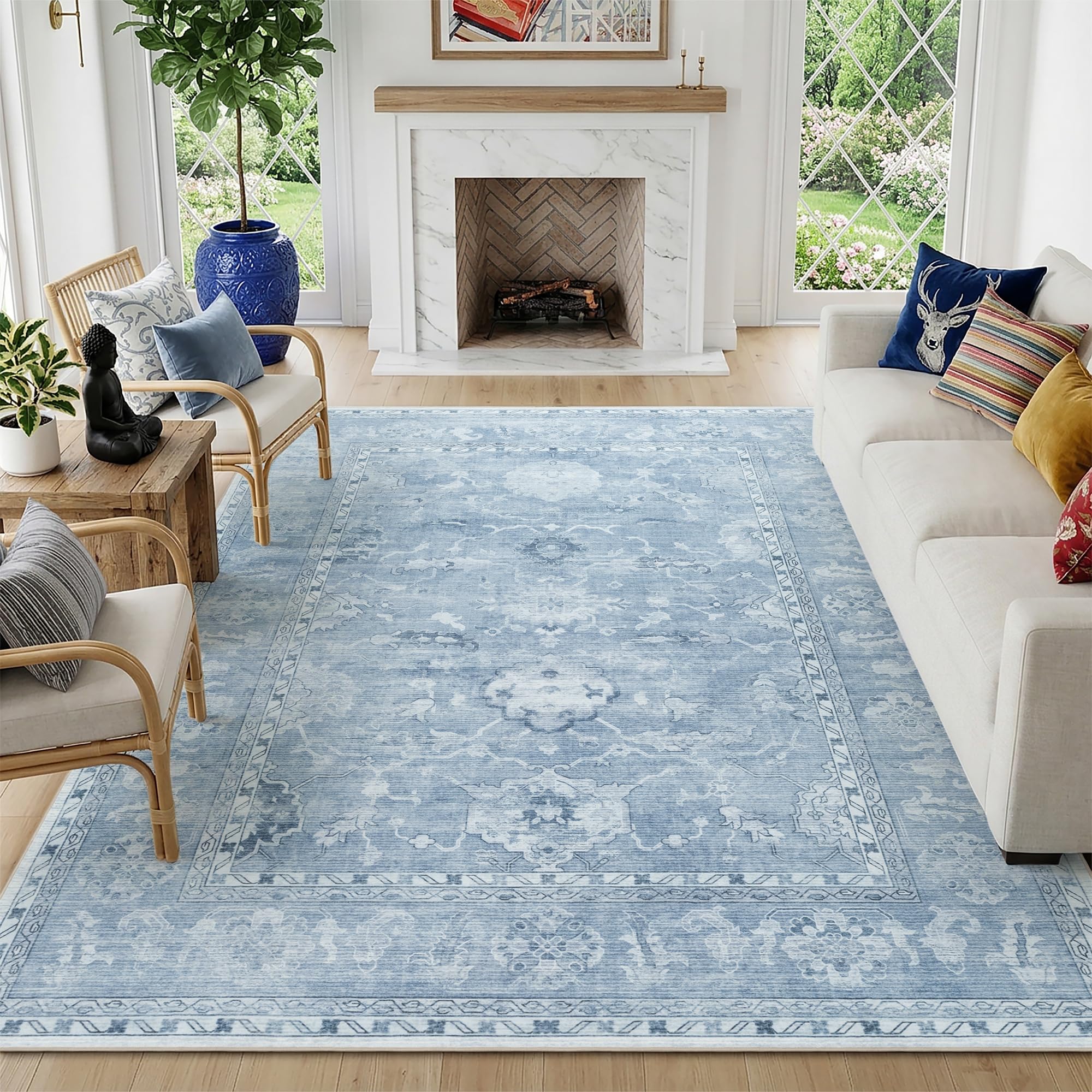 5x7 blue washable area rug for living room image