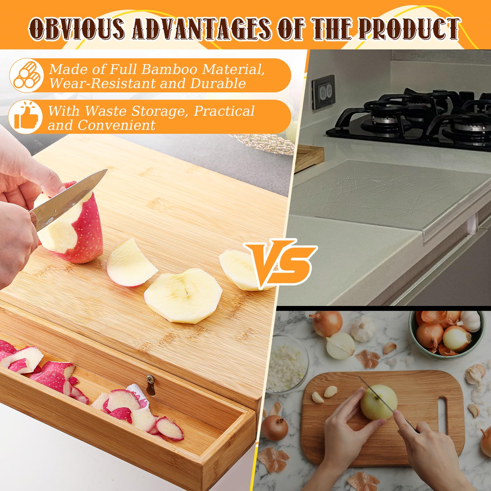 Attached waste container on bamboo cutting board