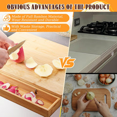 Attached waste container on bamboo cutting board
