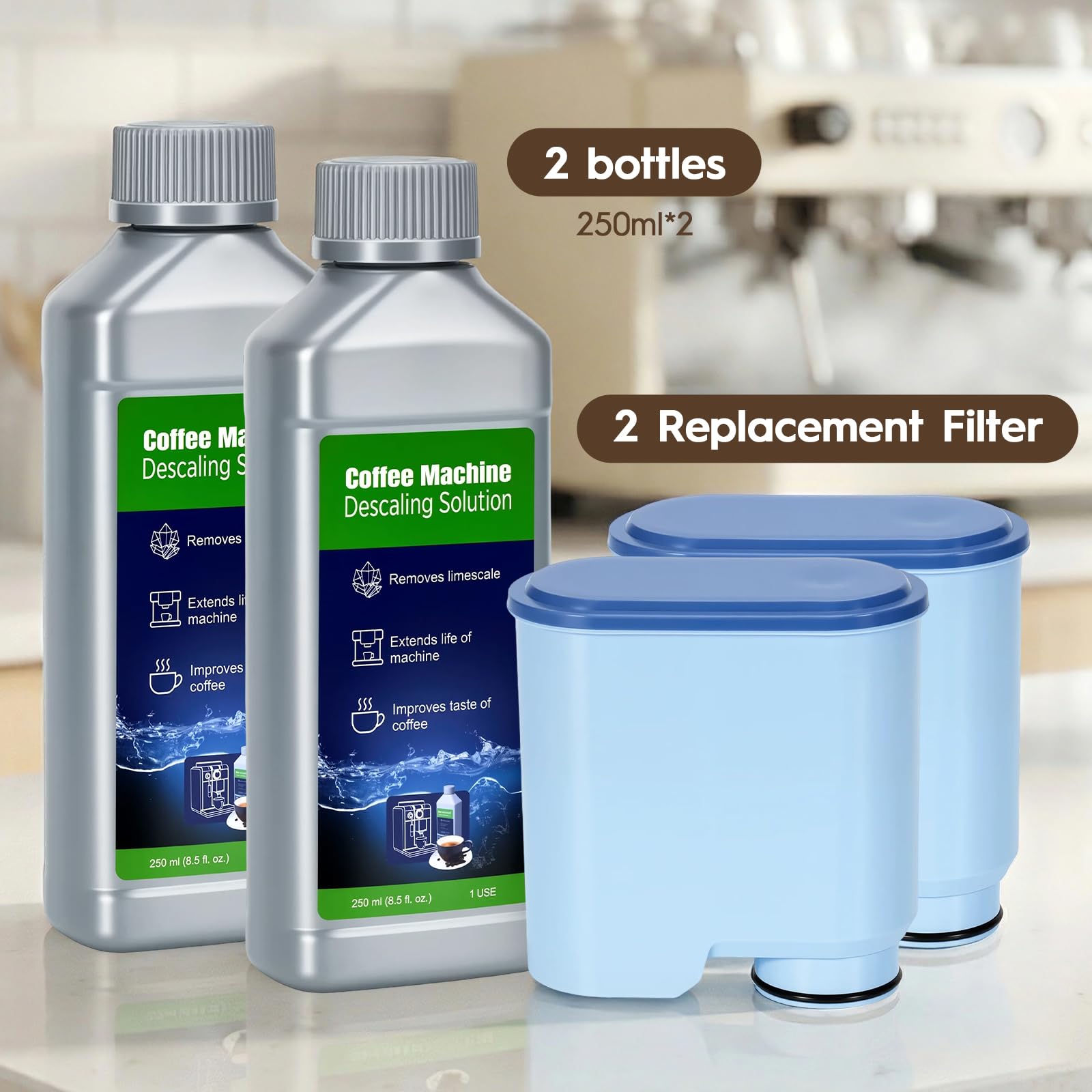 2 replacement water filters and descaler 250ml kit components