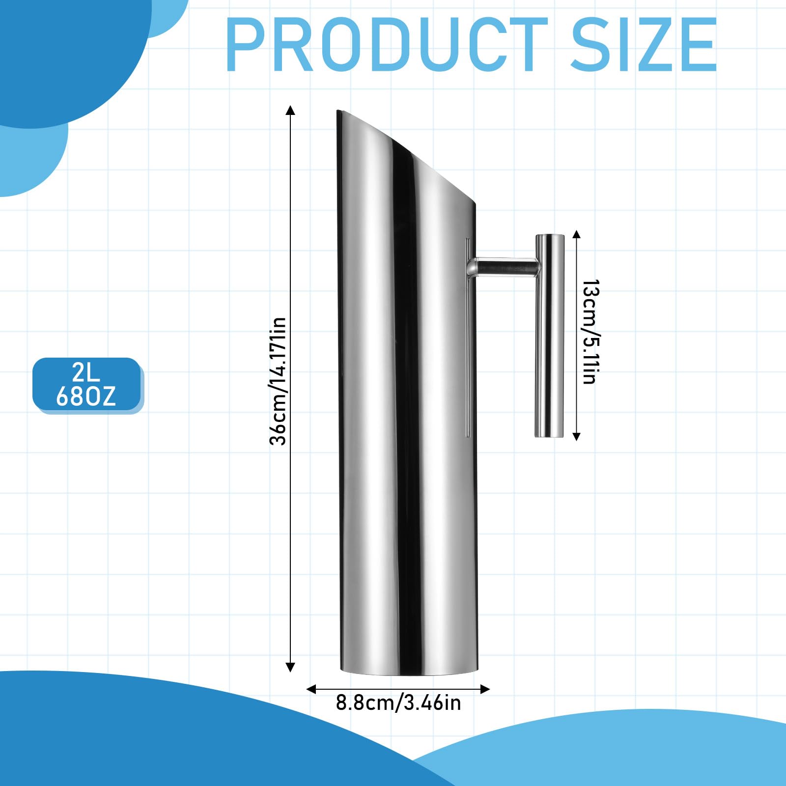 Water pitcher showing 68 oz/2L size