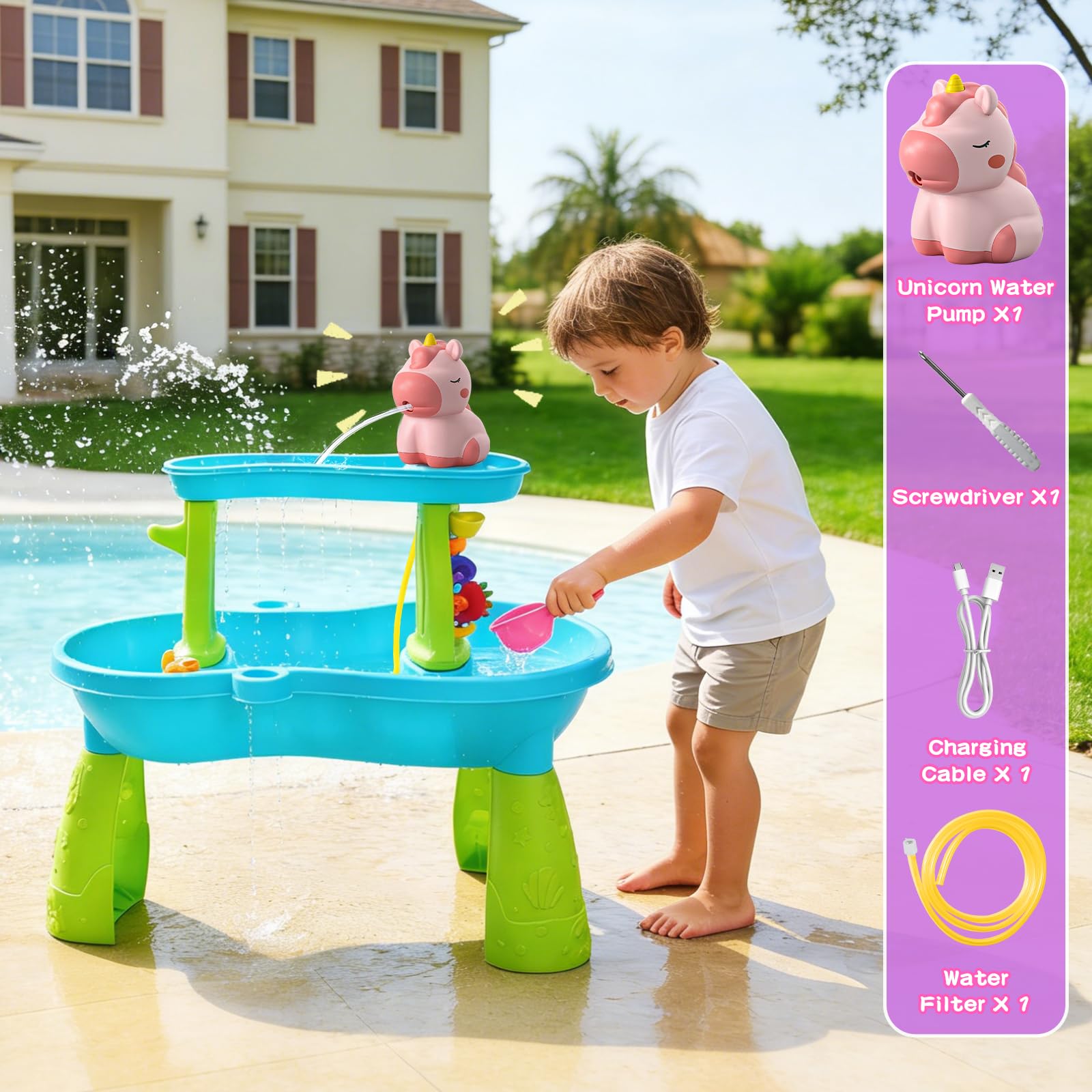 Toddlers enjoying interactive unicorn water pump play