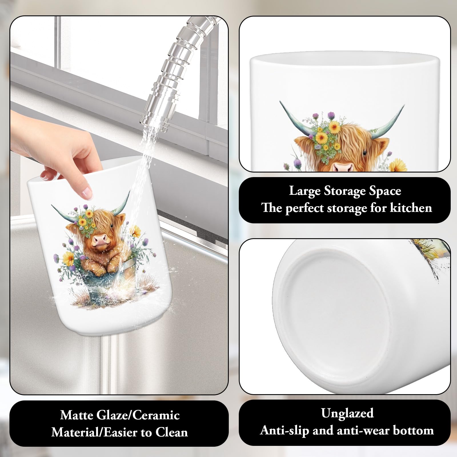 Watercolor Highland cow pattern on ceramic utensil holder