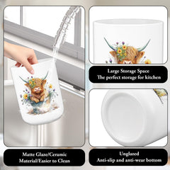 Watercolor Highland cow pattern on ceramic utensil holder