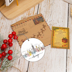 Watercolor urban skyline ornament inspired by Chicago