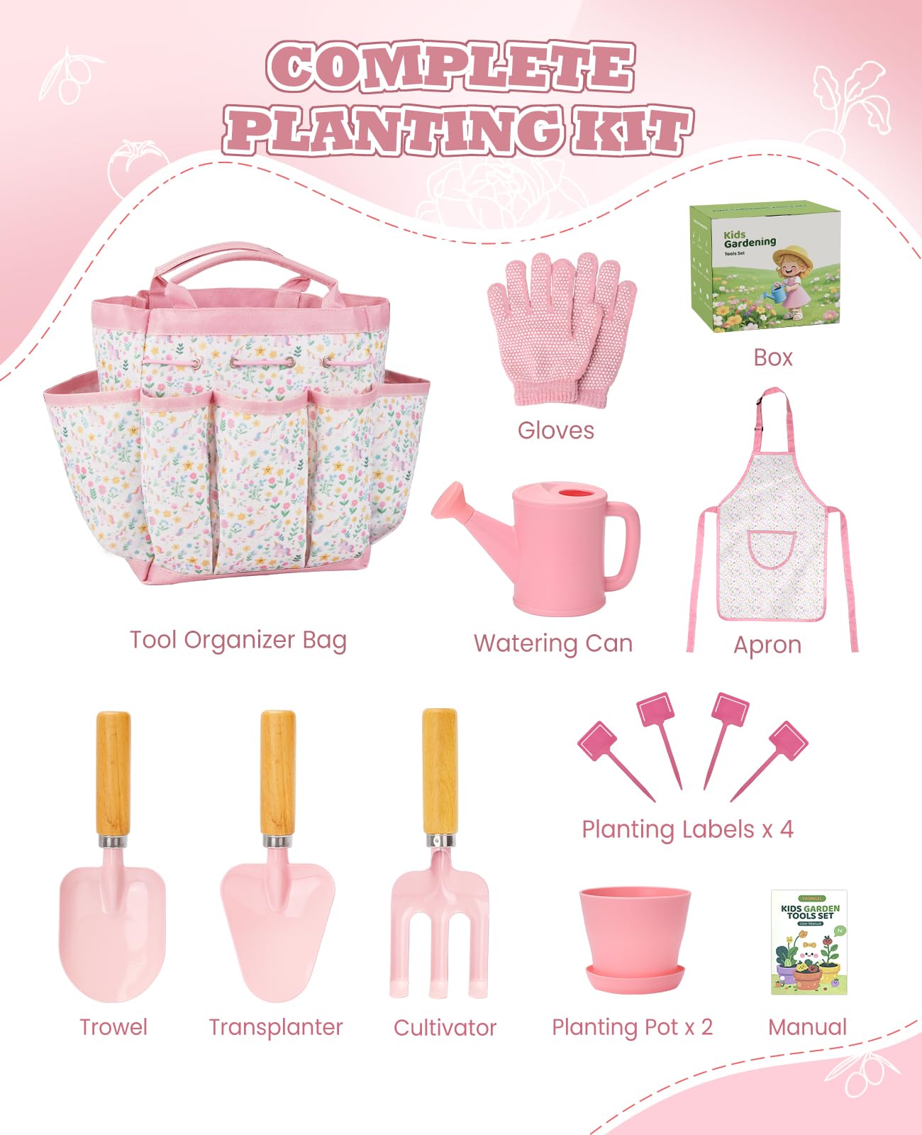 Complete tool set includes planting pots trowel and cultivator