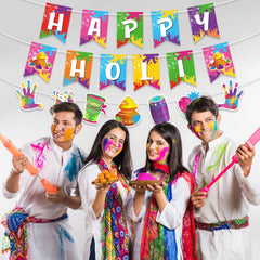 HAPPY HOLI letters and festival pattern banner for Holi celebrations