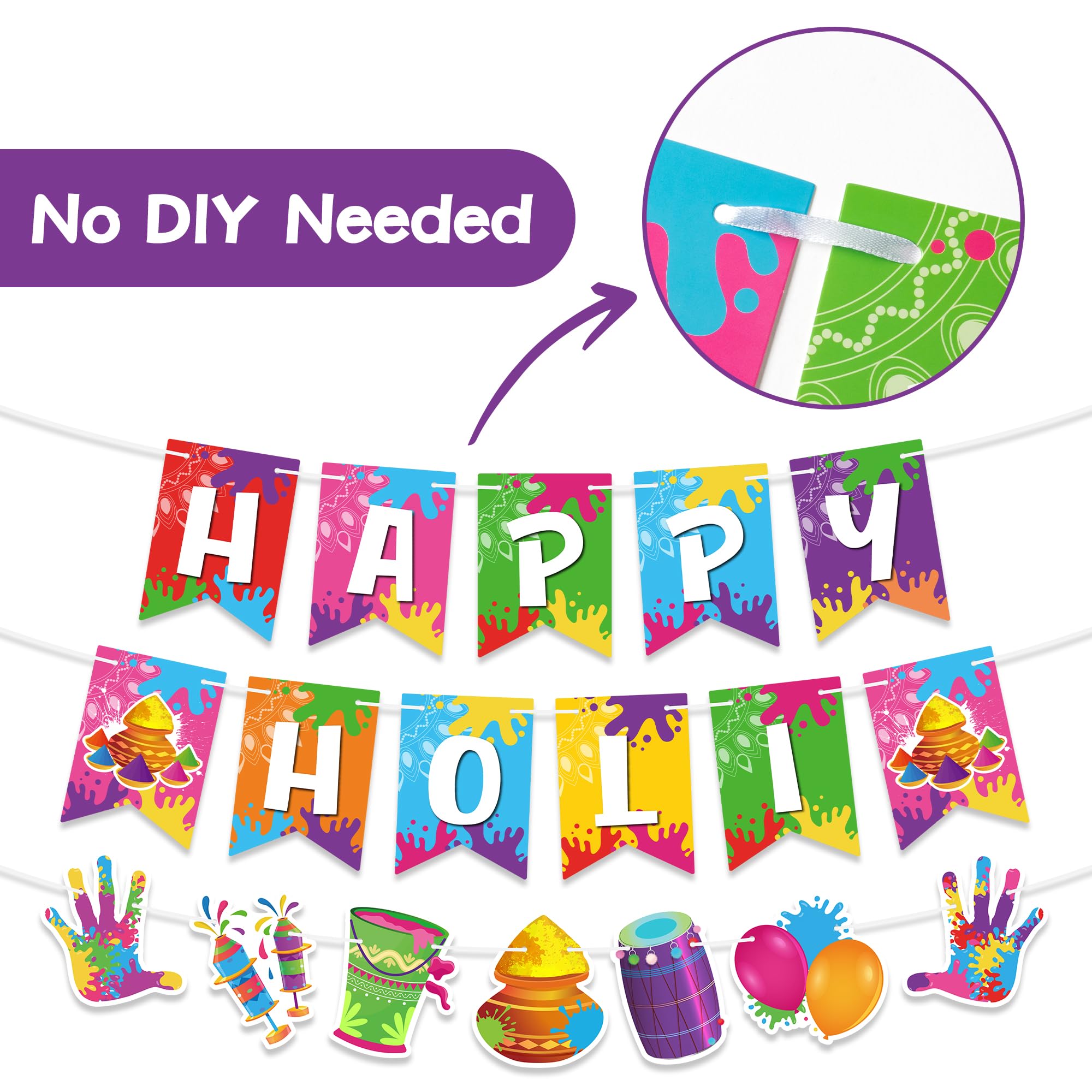 Cardboard Holi banners with white ribbon for easy display