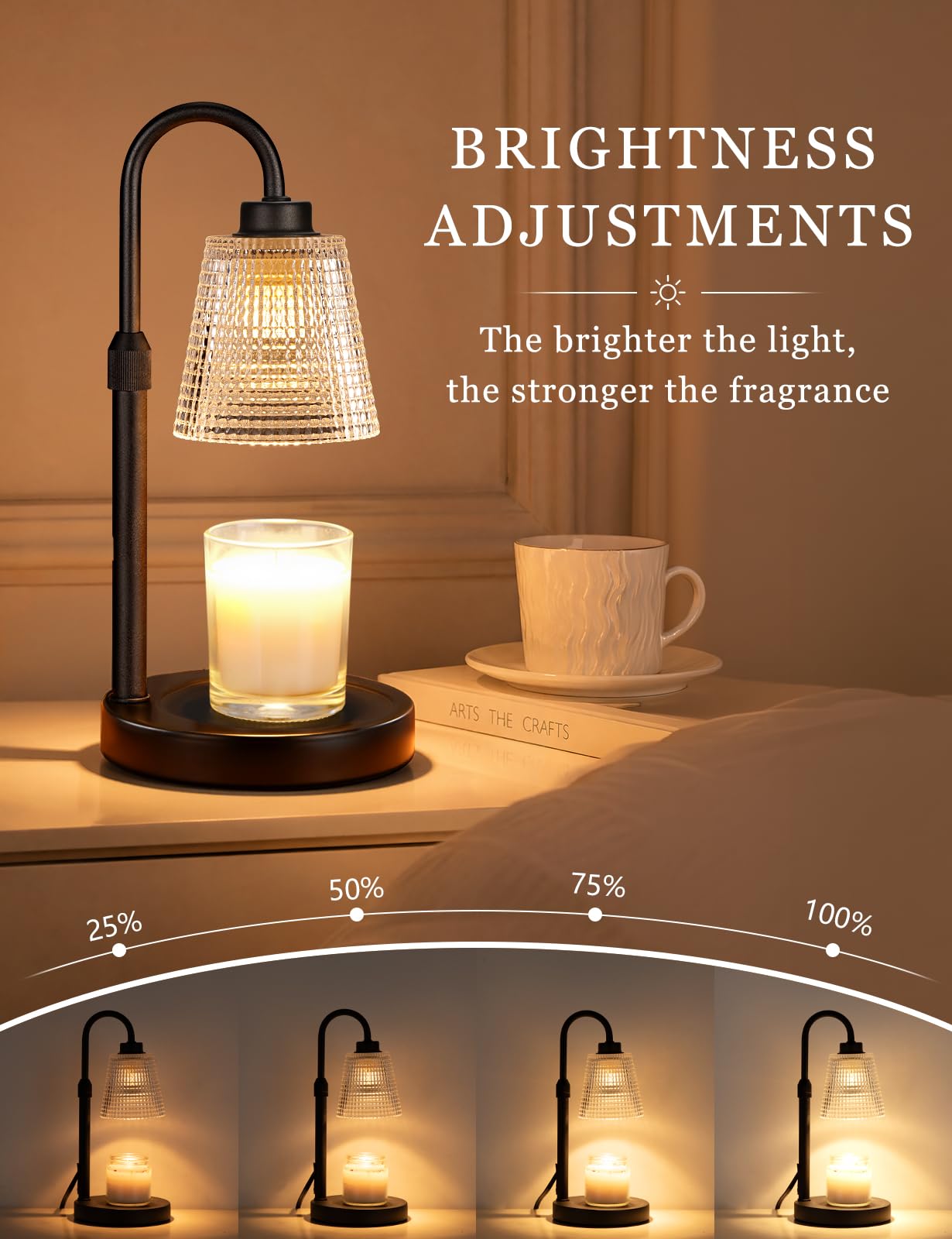 Wax melt warmer for jar candles with adjustable brightness