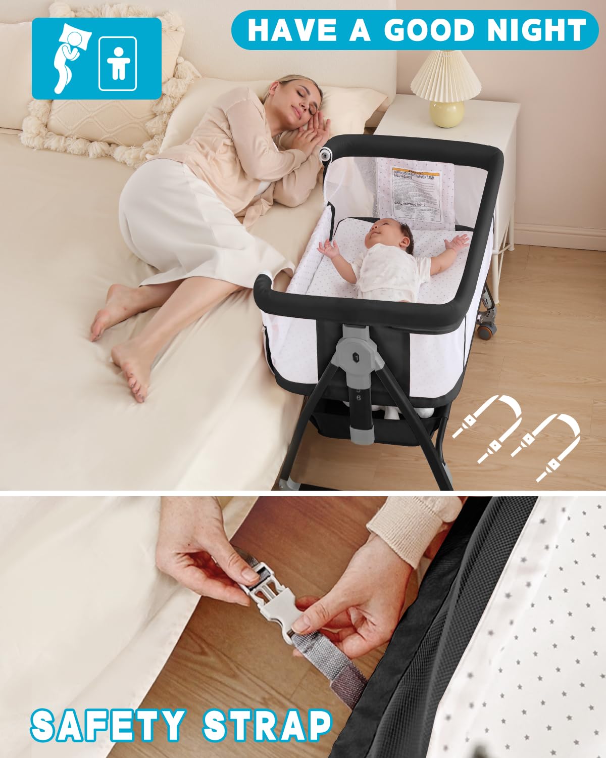 bassinet on lockable wheels with storage basket