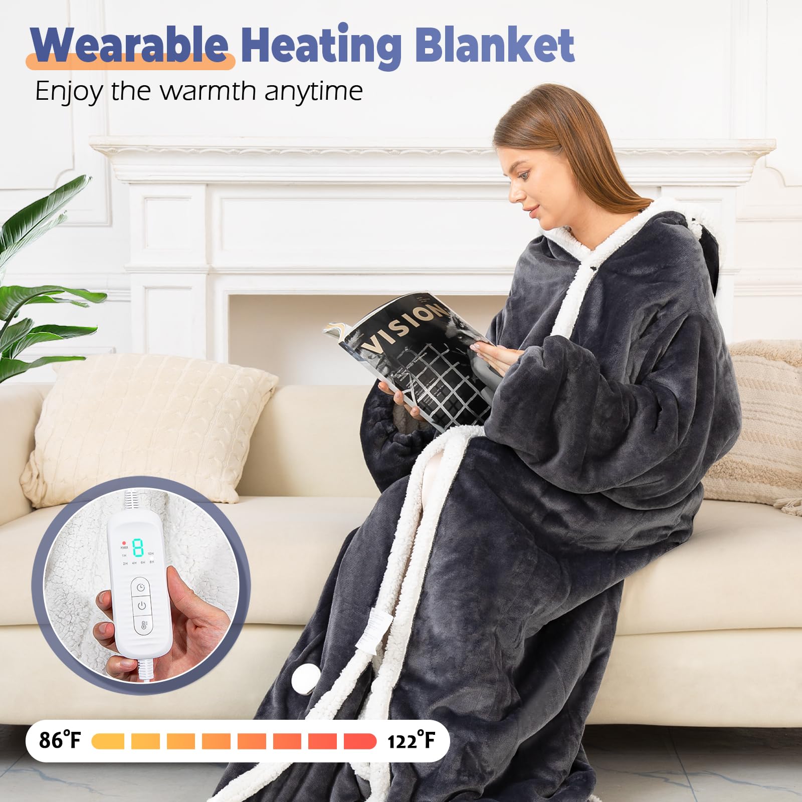 Electric wearable blanket with sleeves and hood