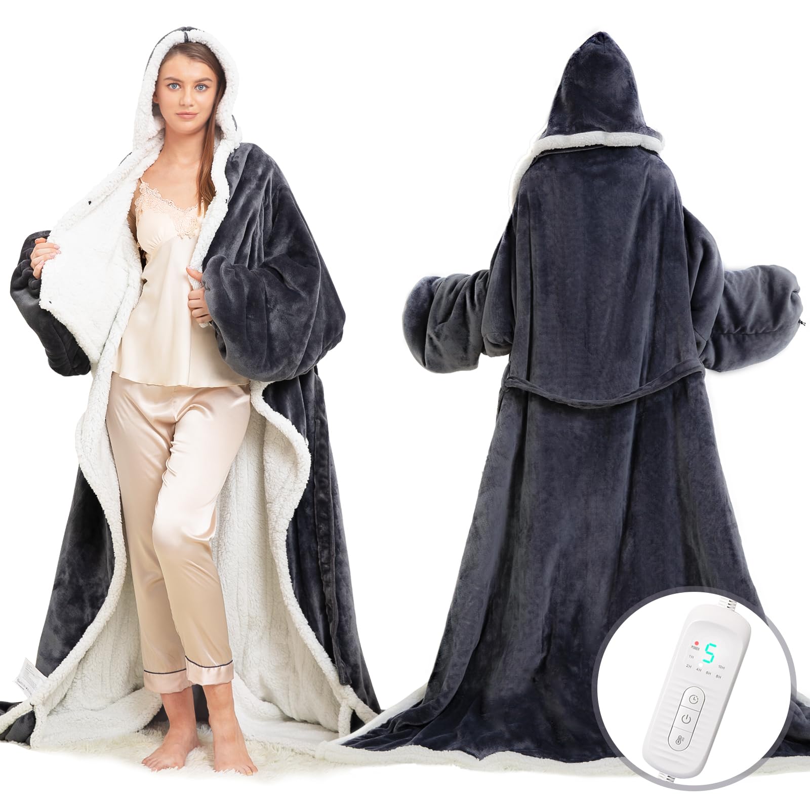 Wearable Heated Blanket with Foot Pocket sleeves hood