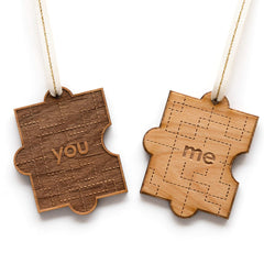 Engraving back option on You And Me Puzzle Piece Wood Ornament Pair