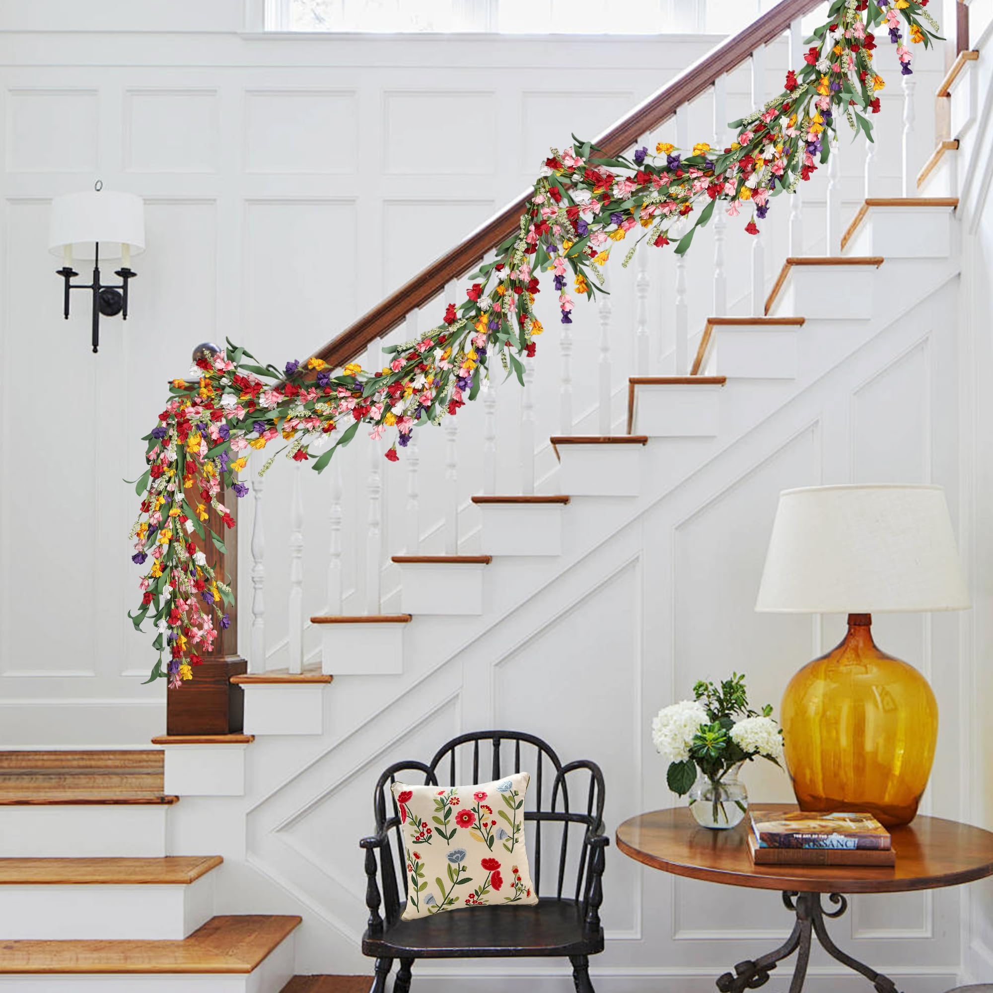 Stair railing garland decoration for indoor spaces