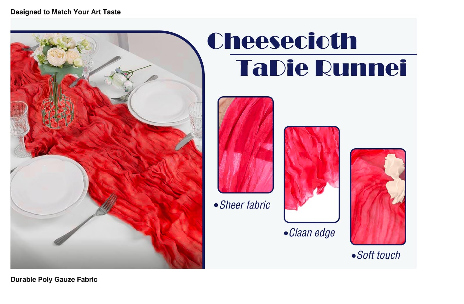 Wedding decor using red cheesecloth table runner for tables