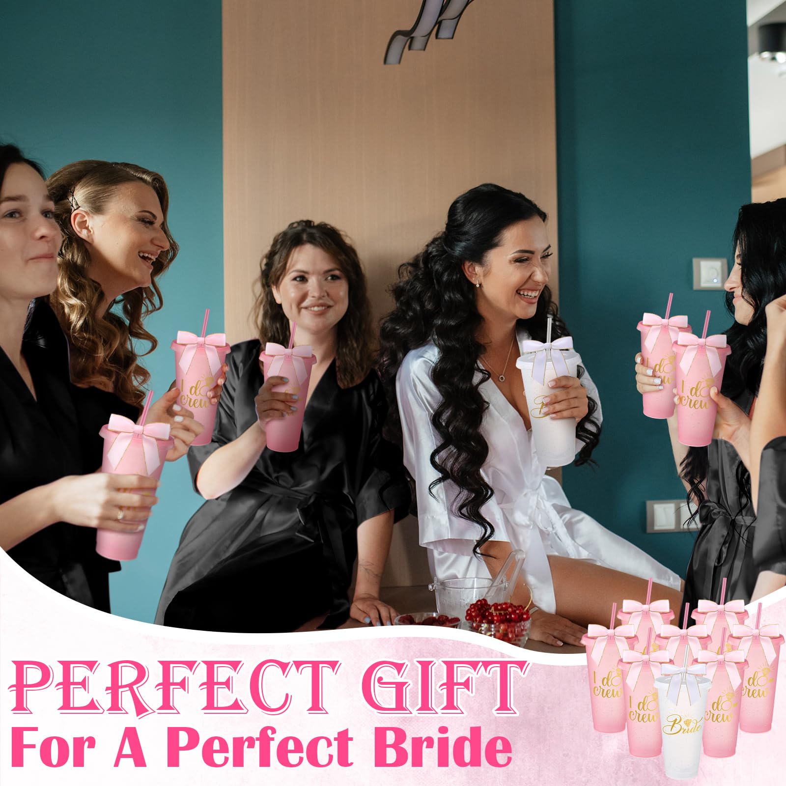 Bridesmaid pink tumbler set with bow for wedding guests