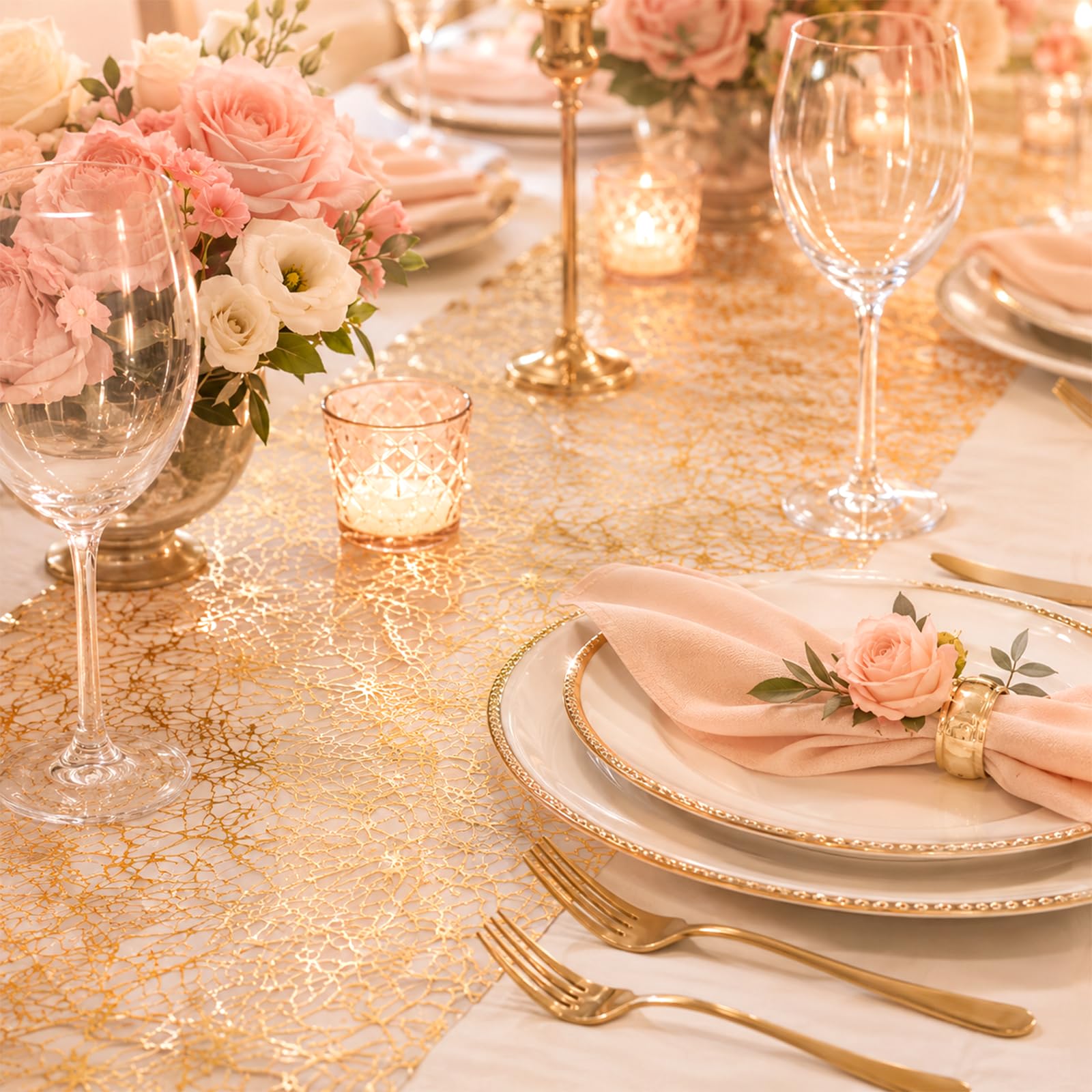 Close up edge detailing on Gold Metallic Mesh Table Runner Roll