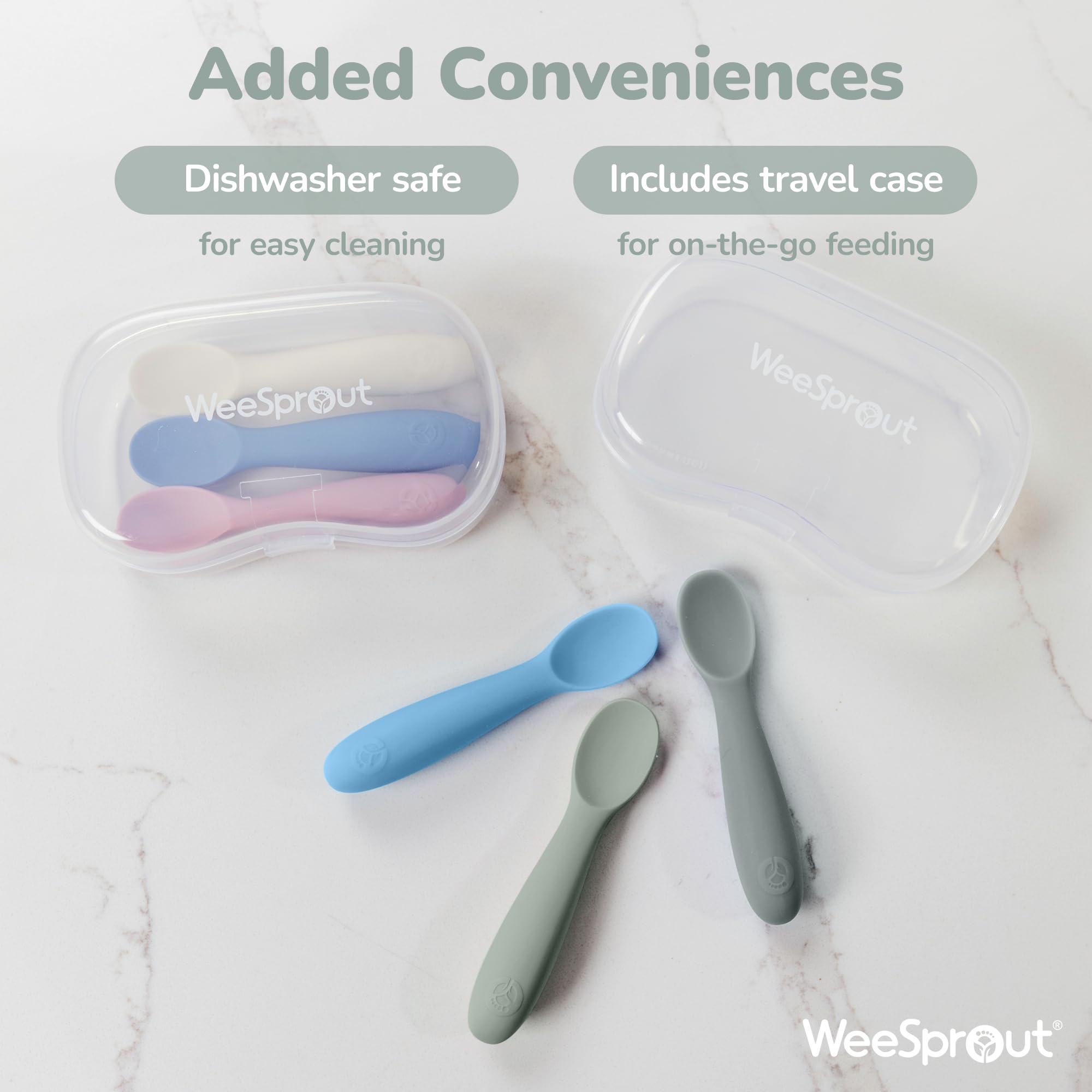 Dishwasher safe WeeSprout spoons ready for cleaning